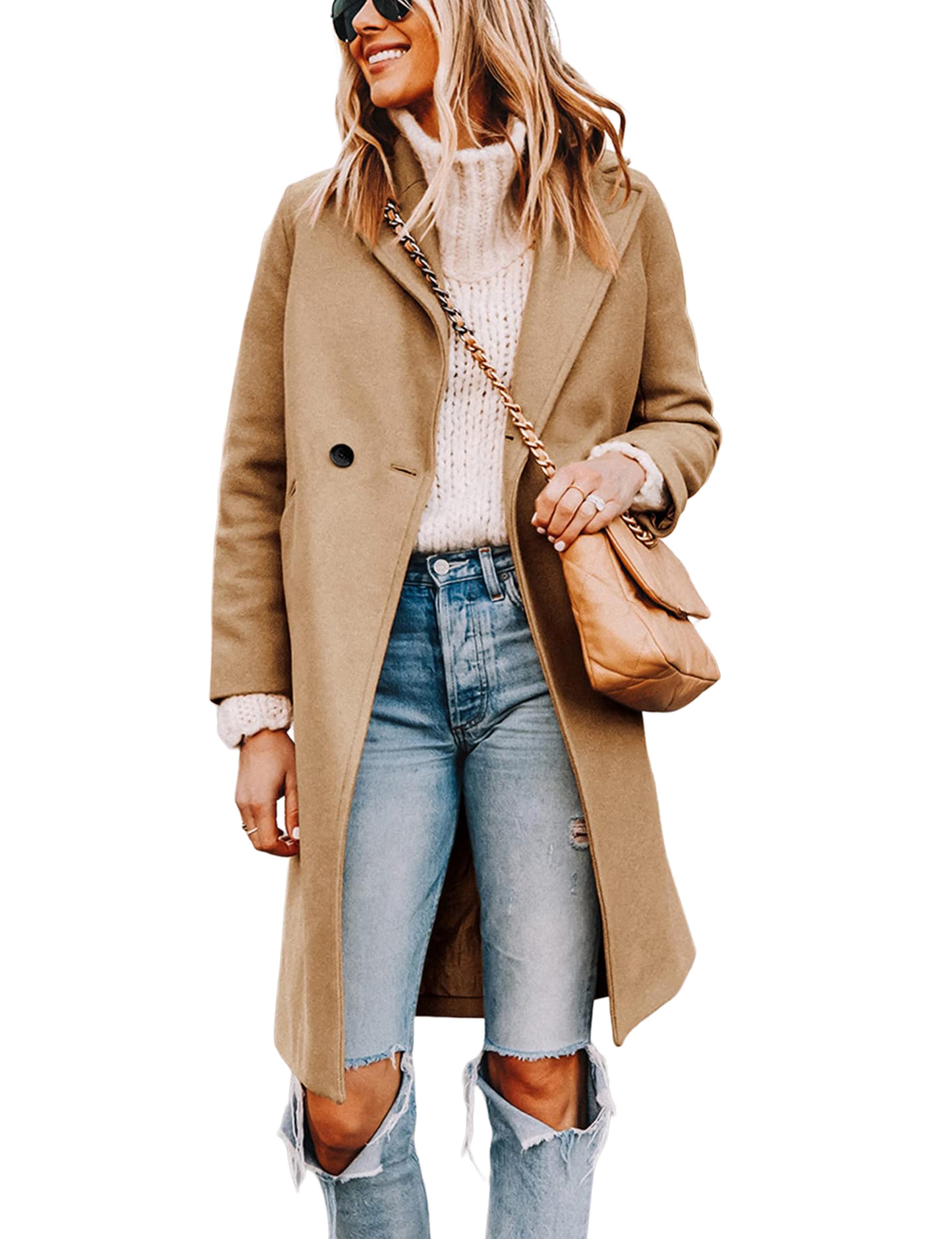 Wool Blend Pea Coat - Double Breasted Mid Length Trench Coat for Women