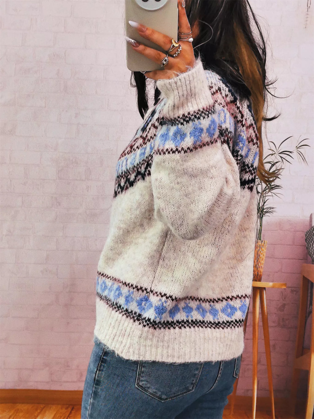Geometric Pattern Button Up Long Sleeve Cardigan