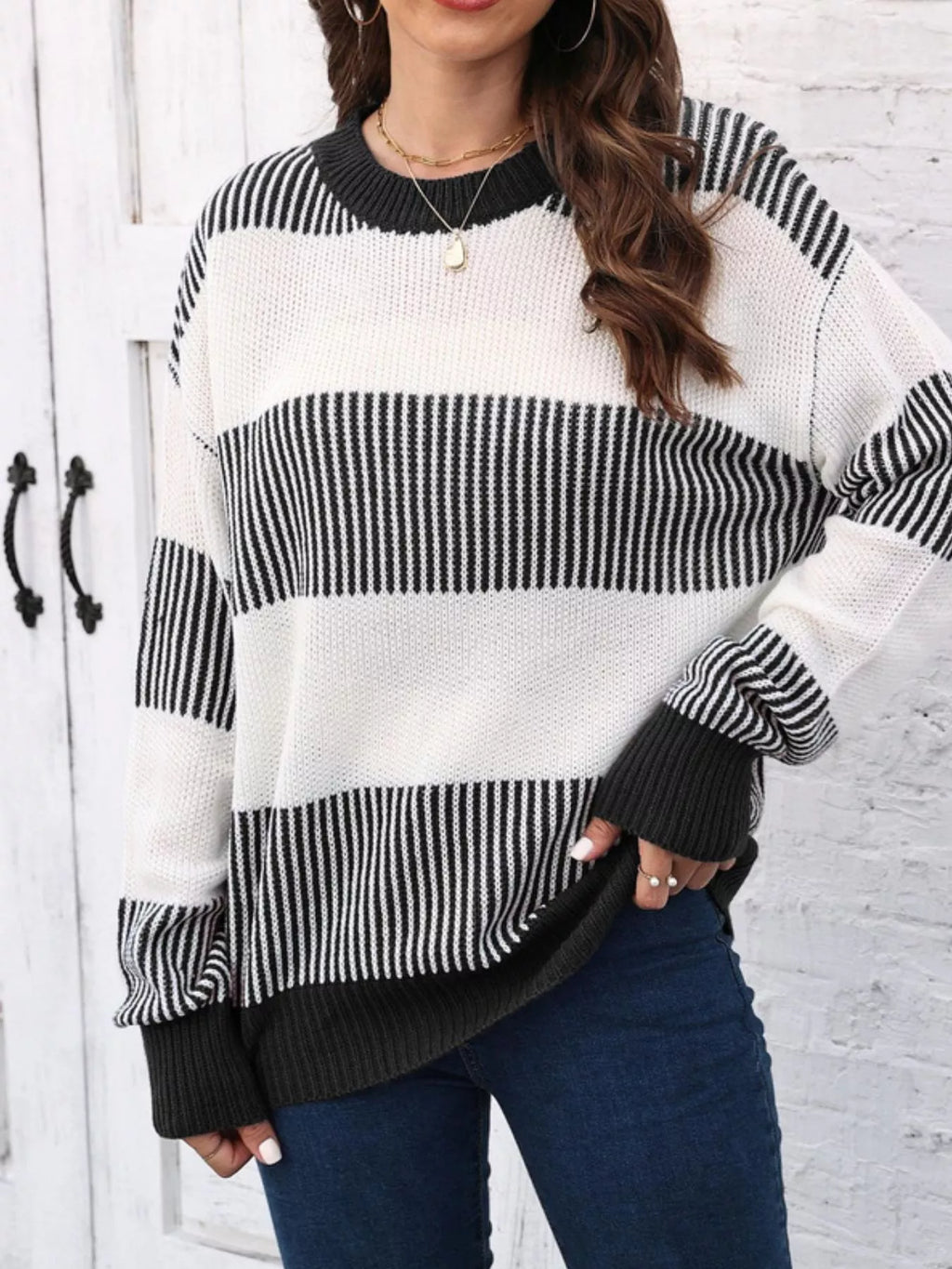 Full Size Color Block Dropped Shoulder Sweater Plus Size