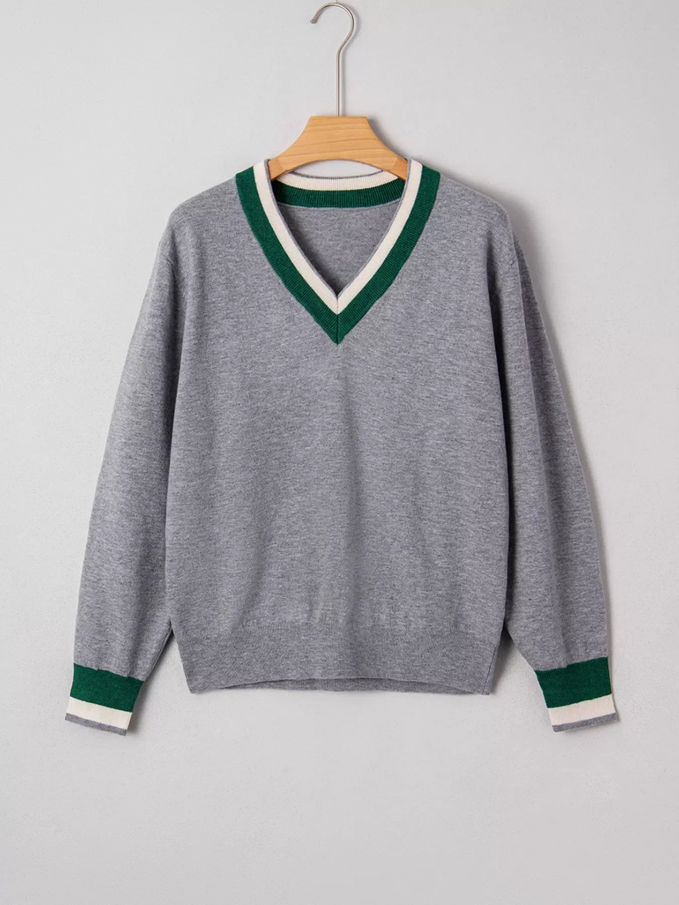 Contrast Striped Trim V Neck Varsity Sweater
