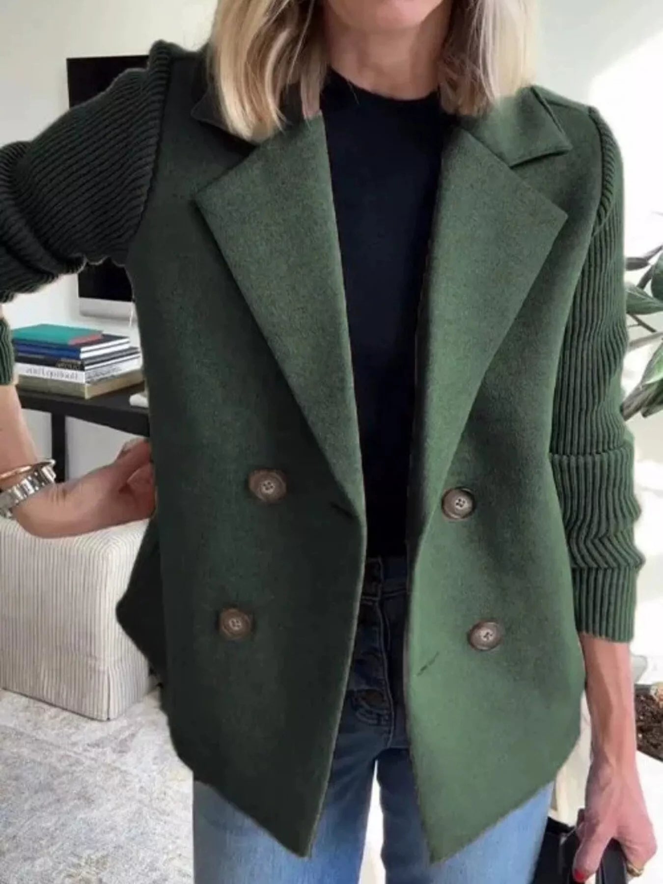 Full Size Knitted Sleeve Wool Blend Double-Breasted Blazer Plus Size
