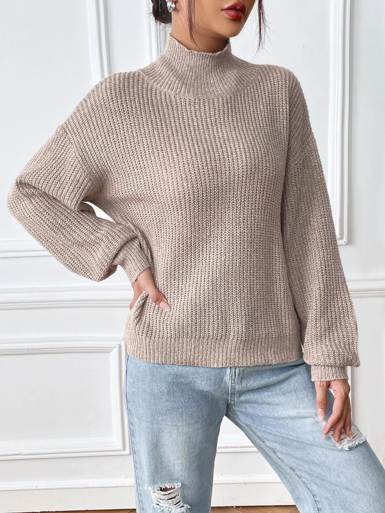 Cozy Knit Turtleneck Dropped Shoulder Sweater