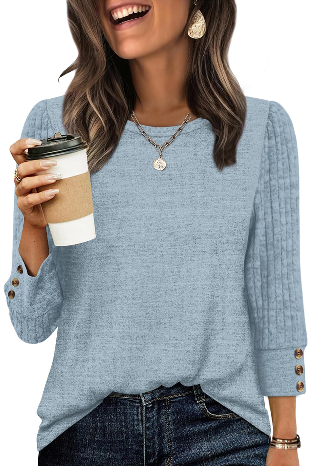 Women's Long Sleeve Shirts - Lightweight 3/4 Sleeve Sweaters with Buttons