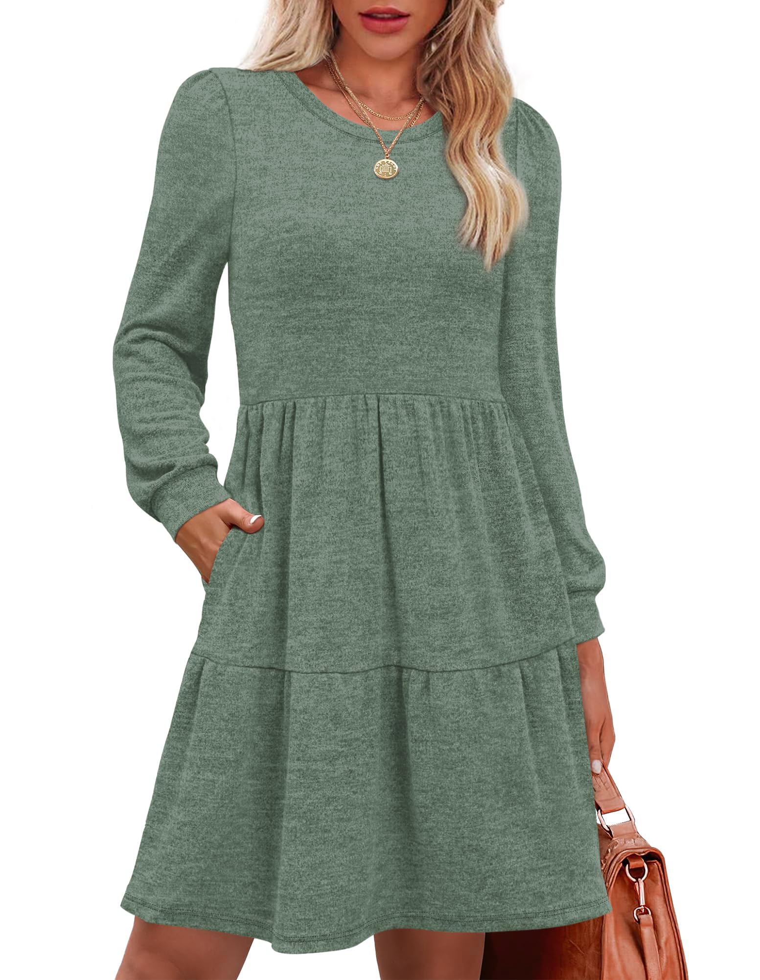 Women's Long Sleeve Fall Dresses with Pockets - Crew Neck Babydoll Casual Dress