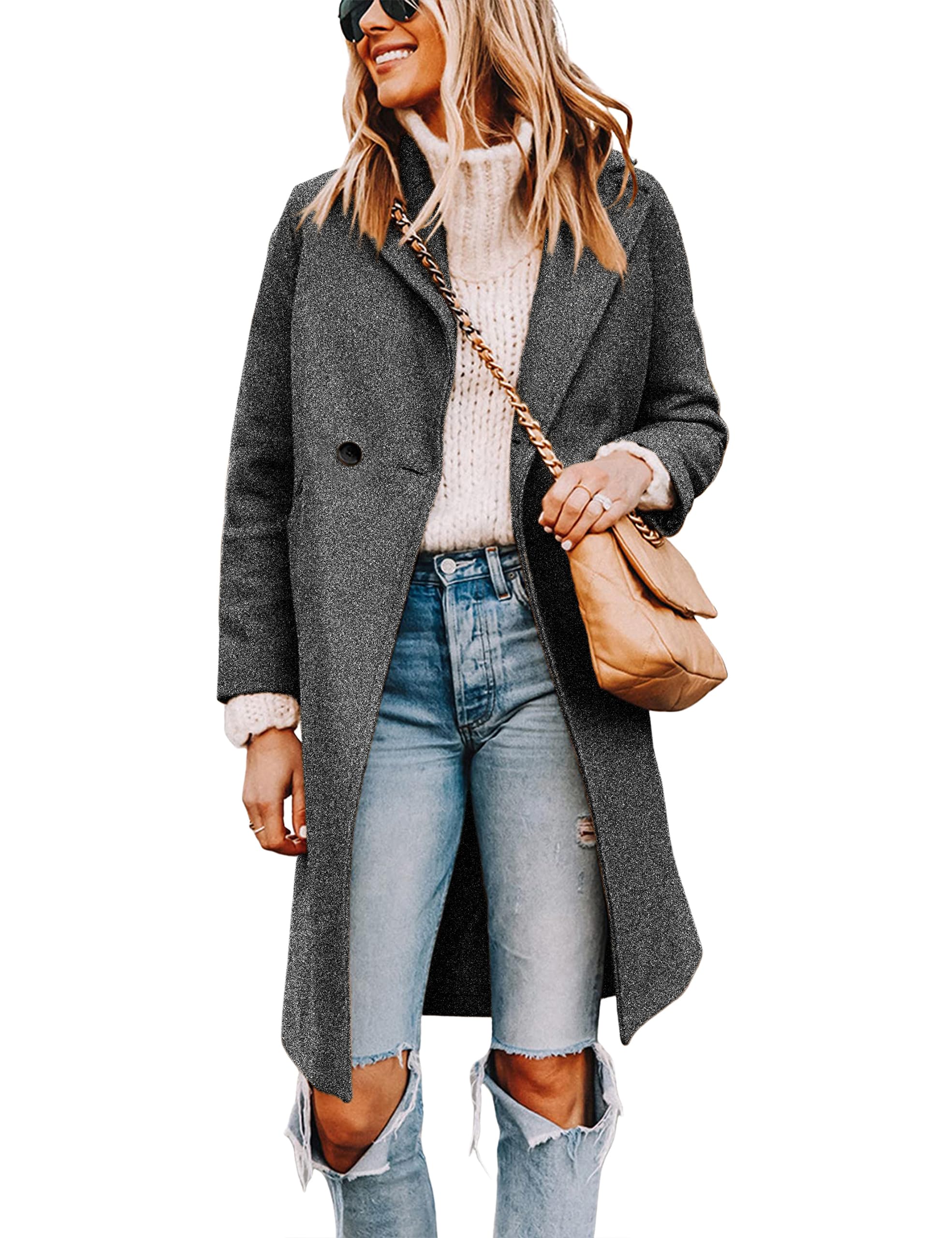 Wool Blend Pea Coat - Double Breasted Mid Length Trench Coat for Women