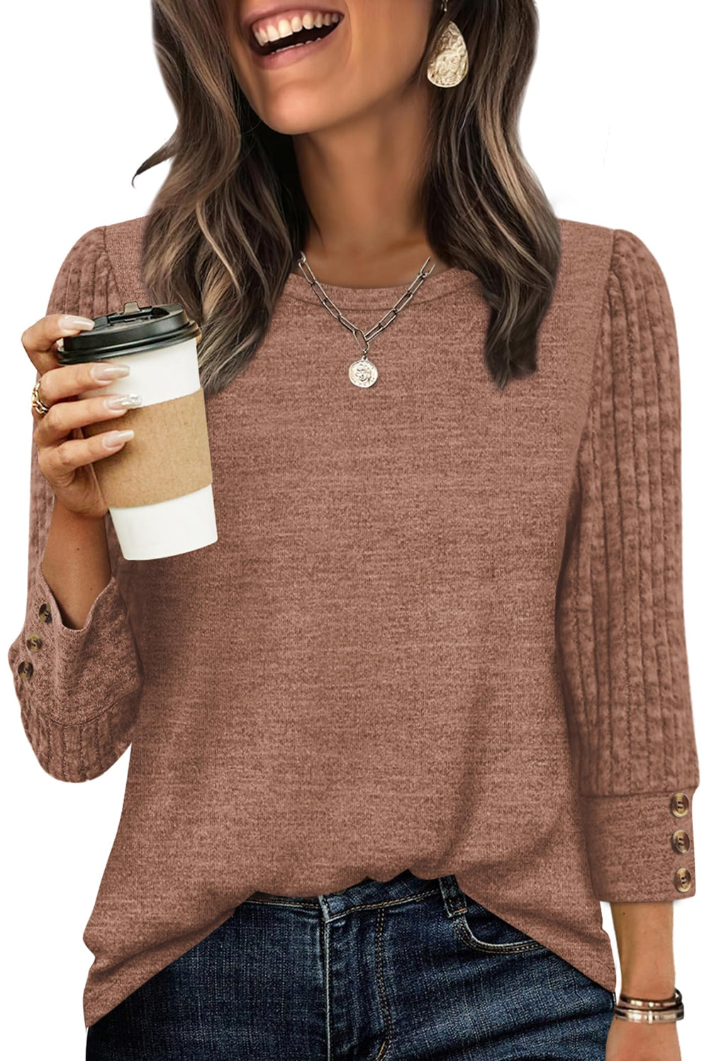 Women's Long Sleeve Shirts - Lightweight 3/4 Sleeve Sweaters with Buttons