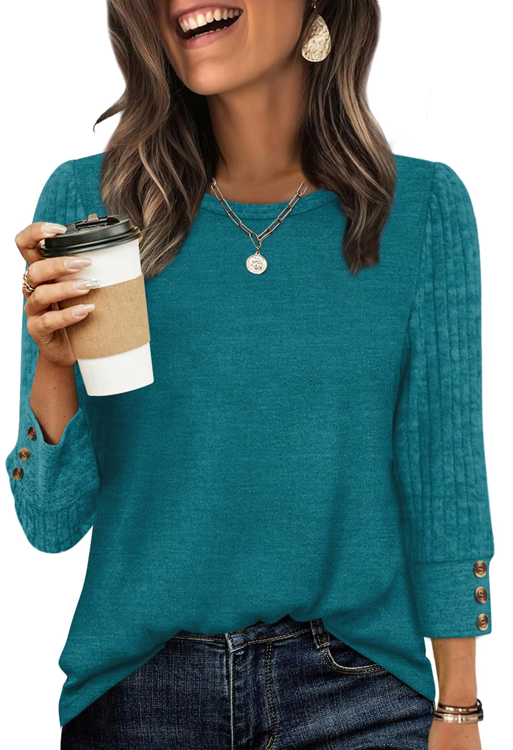 Women's Long Sleeve Shirts - Lightweight 3/4 Sleeve Sweaters with Buttons
