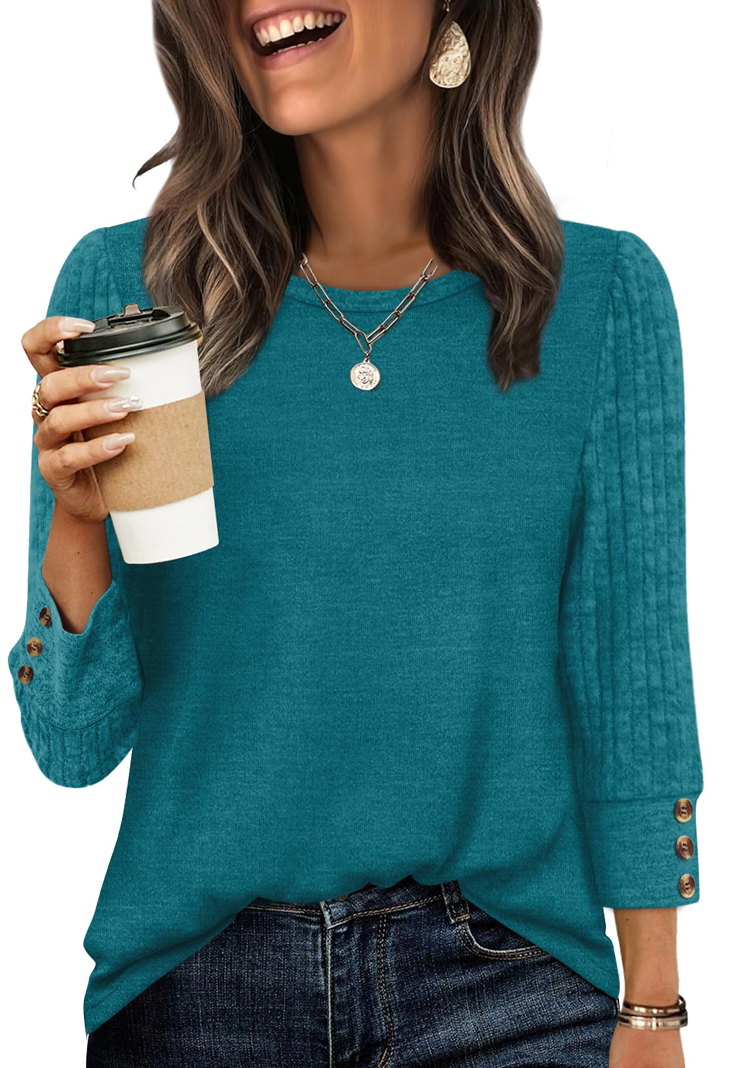 Women's Long Sleeve Shirts - Lightweight 3/4 Sleeve Sweaters with Buttons