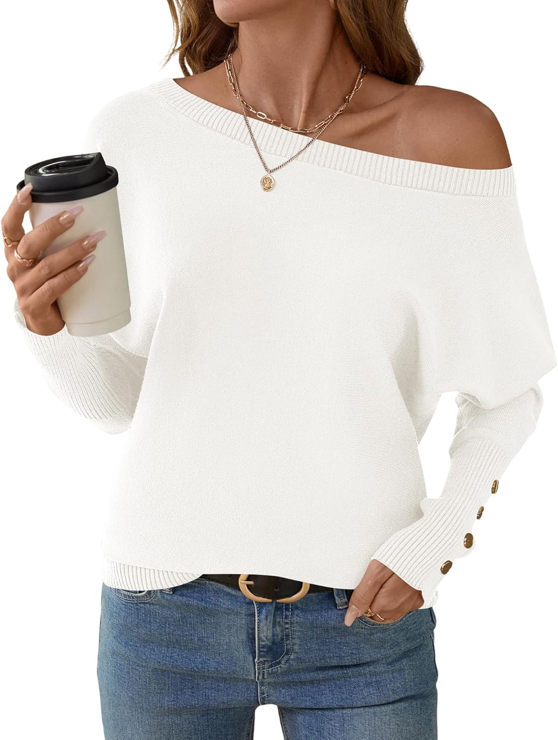 Women's Off The Shoulder Sweater - Oversized Knit Batwing Sleeve Pullover