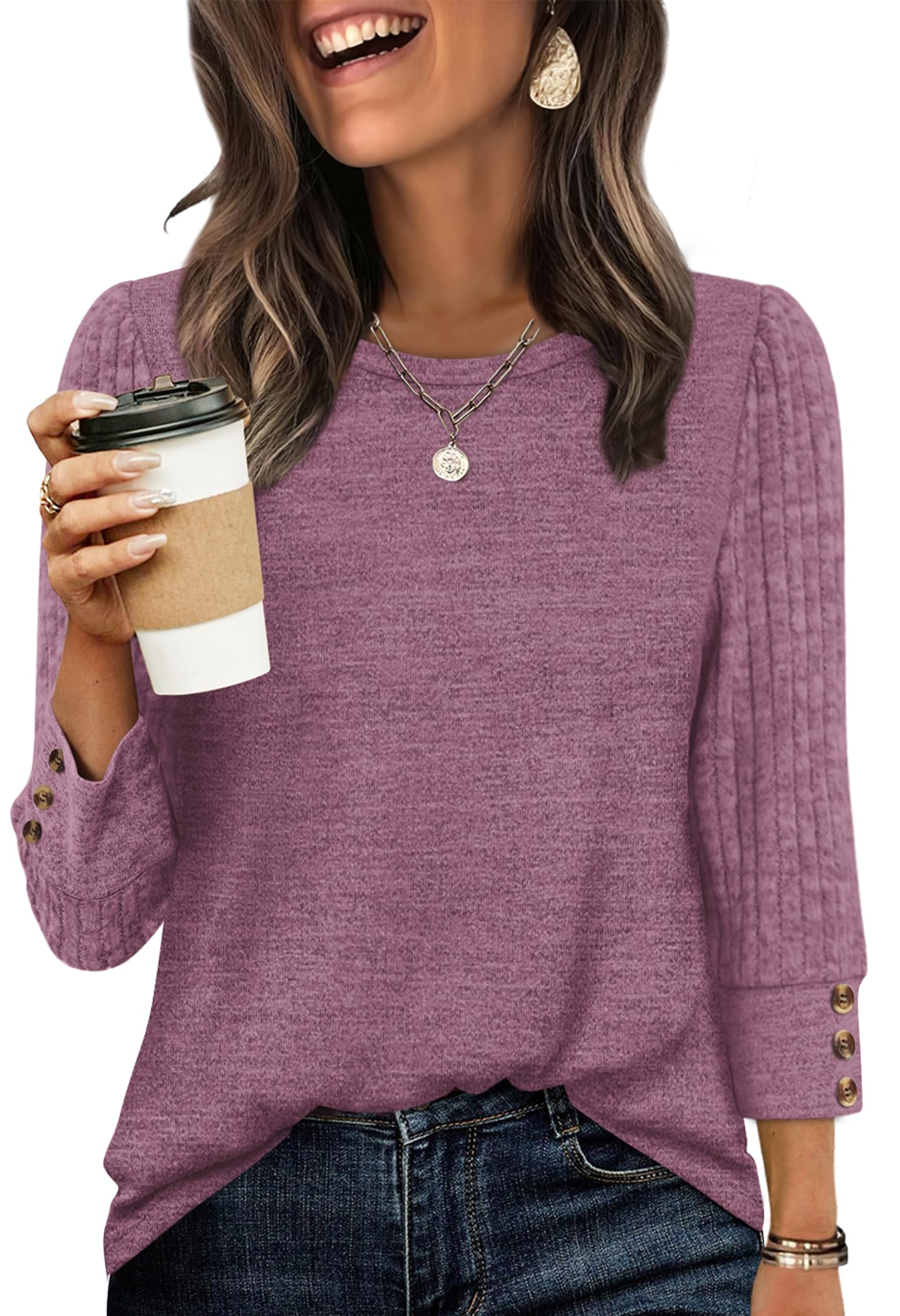 Women's Long Sleeve Shirts - Lightweight 3/4 Sleeve Sweaters with Buttons