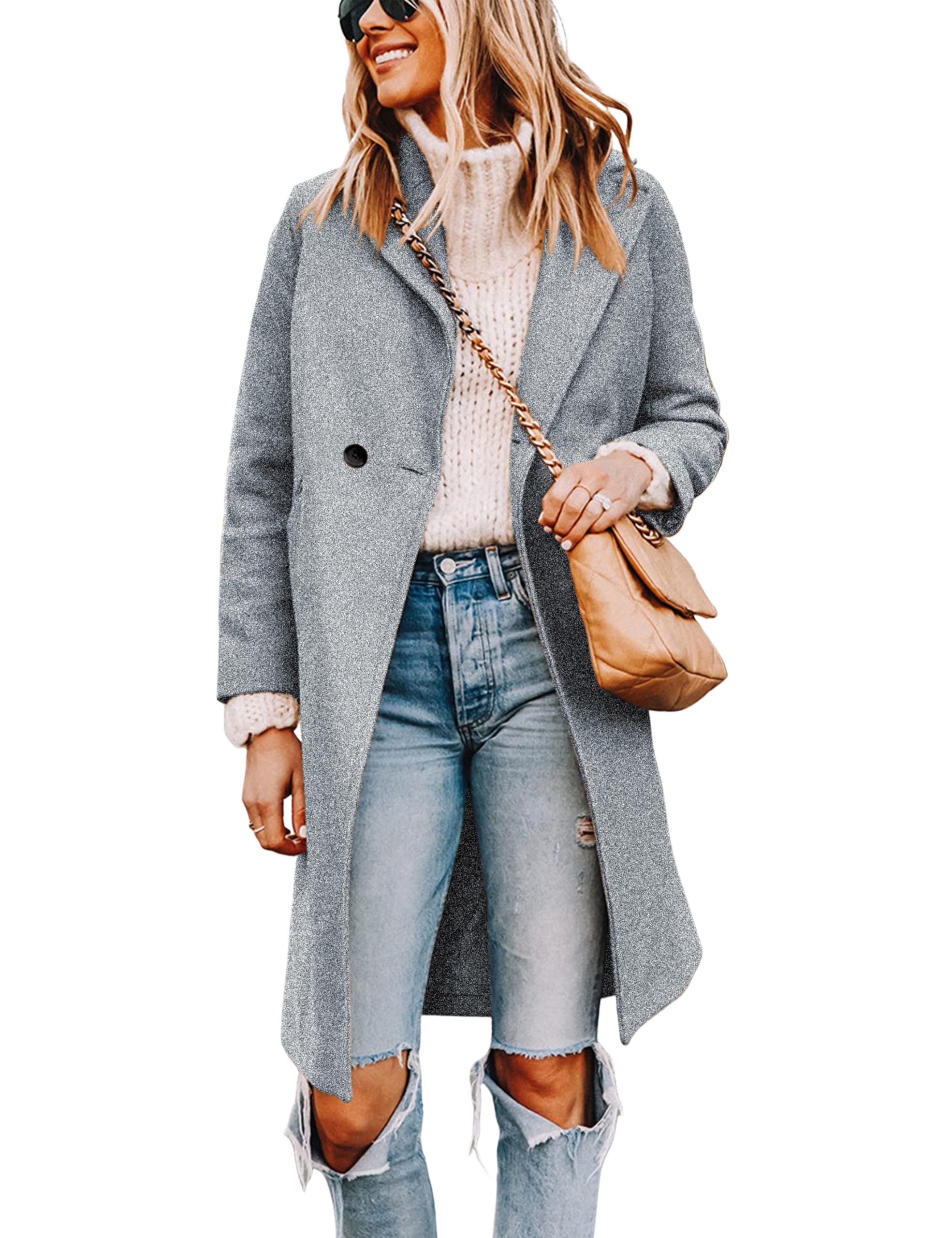Wool Blend Pea Coat - Double Breasted Mid Length Trench Coat for Women