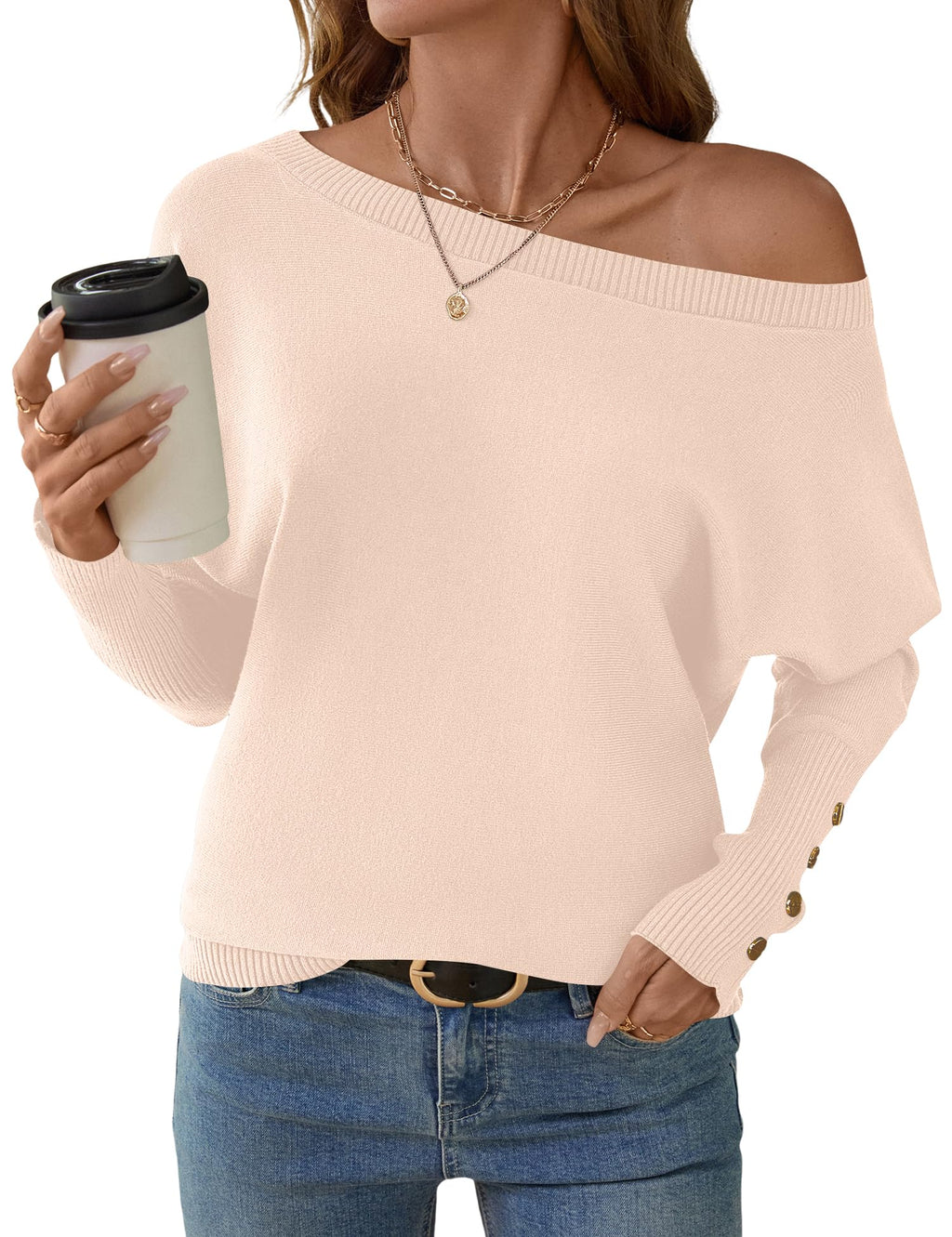 Women's Off The Shoulder Sweater - Oversized Knit Batwing Sleeve Pullover