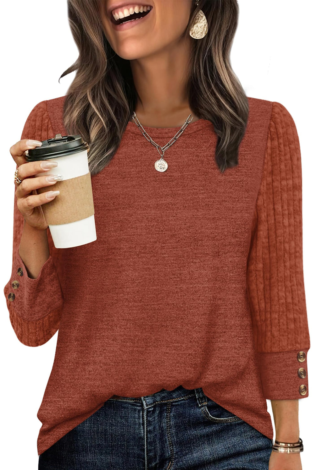 Women's Long Sleeve Shirts - Lightweight 3/4 Sleeve Sweaters with Buttons