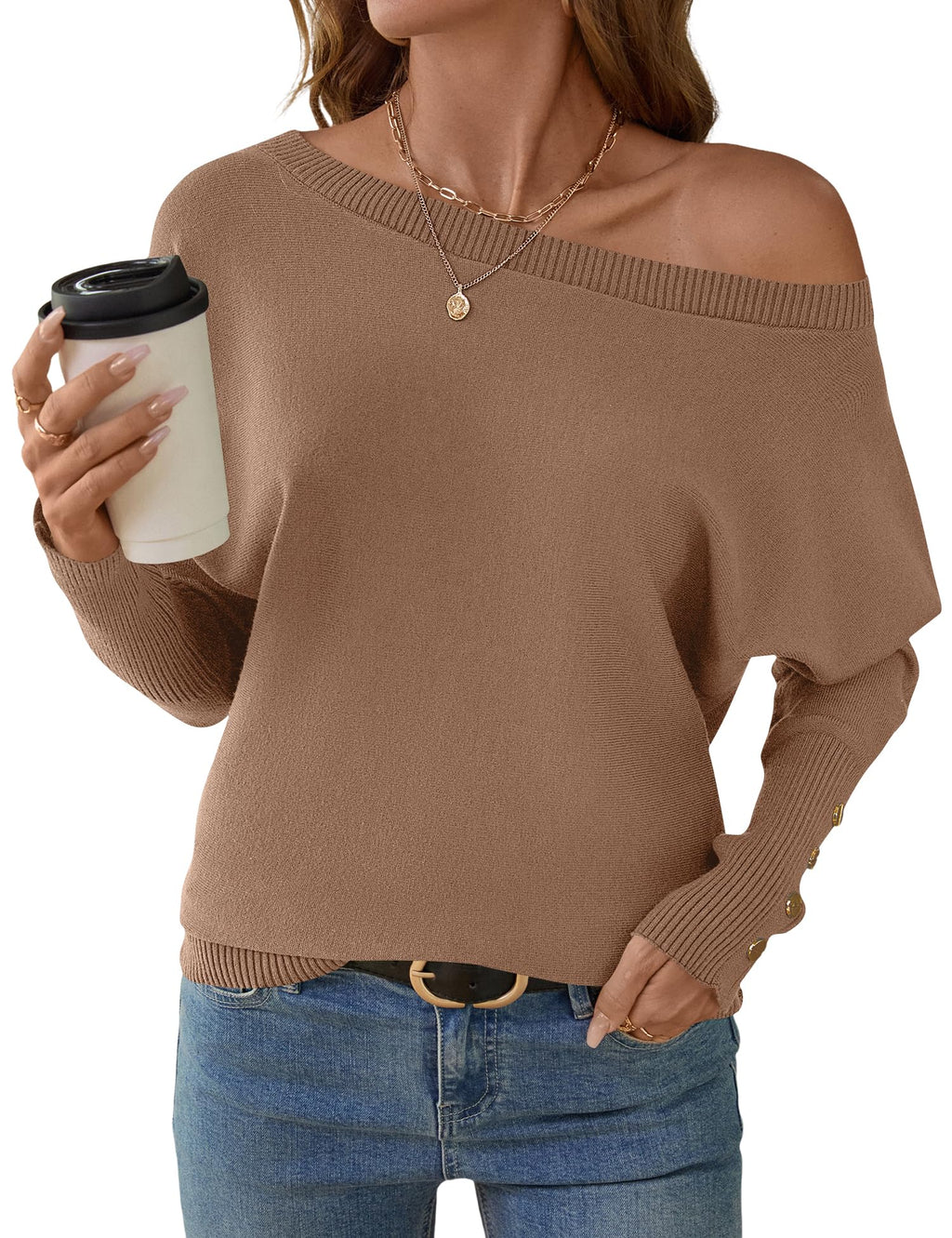 Women's Off The Shoulder Sweater - Oversized Knit Batwing Sleeve Pullover