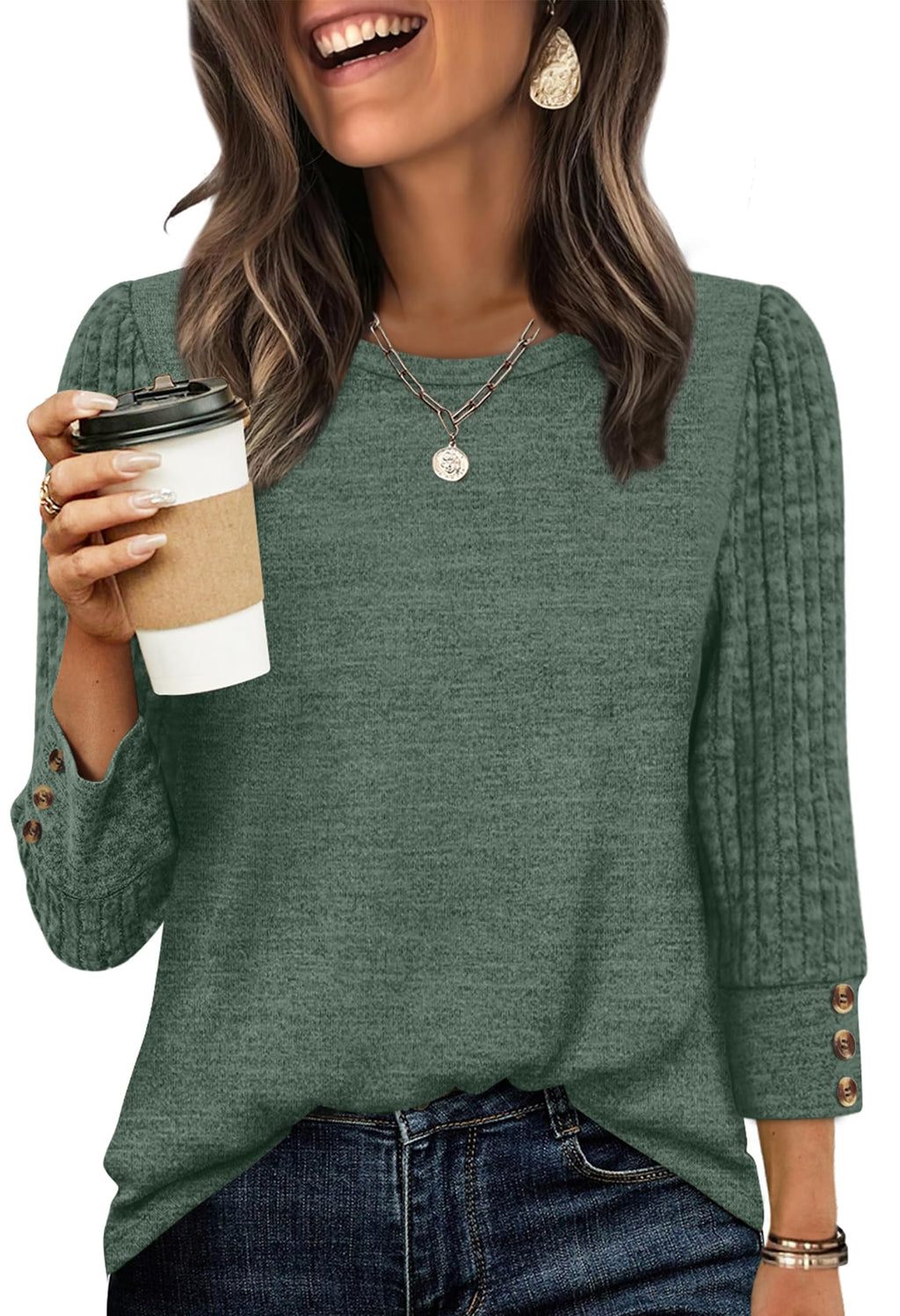 Women's Long Sleeve Shirts - Lightweight 3/4 Sleeve Sweaters with Buttons
