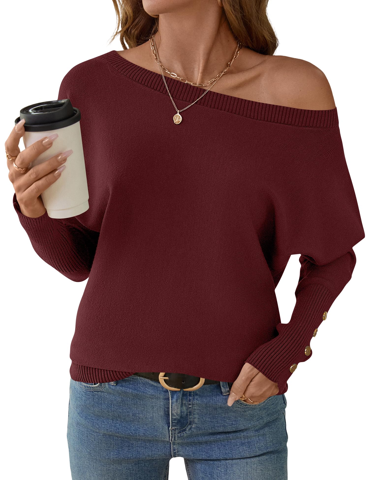 Women's Off The Shoulder Sweater - Oversized Knit Batwing Sleeve Pullover