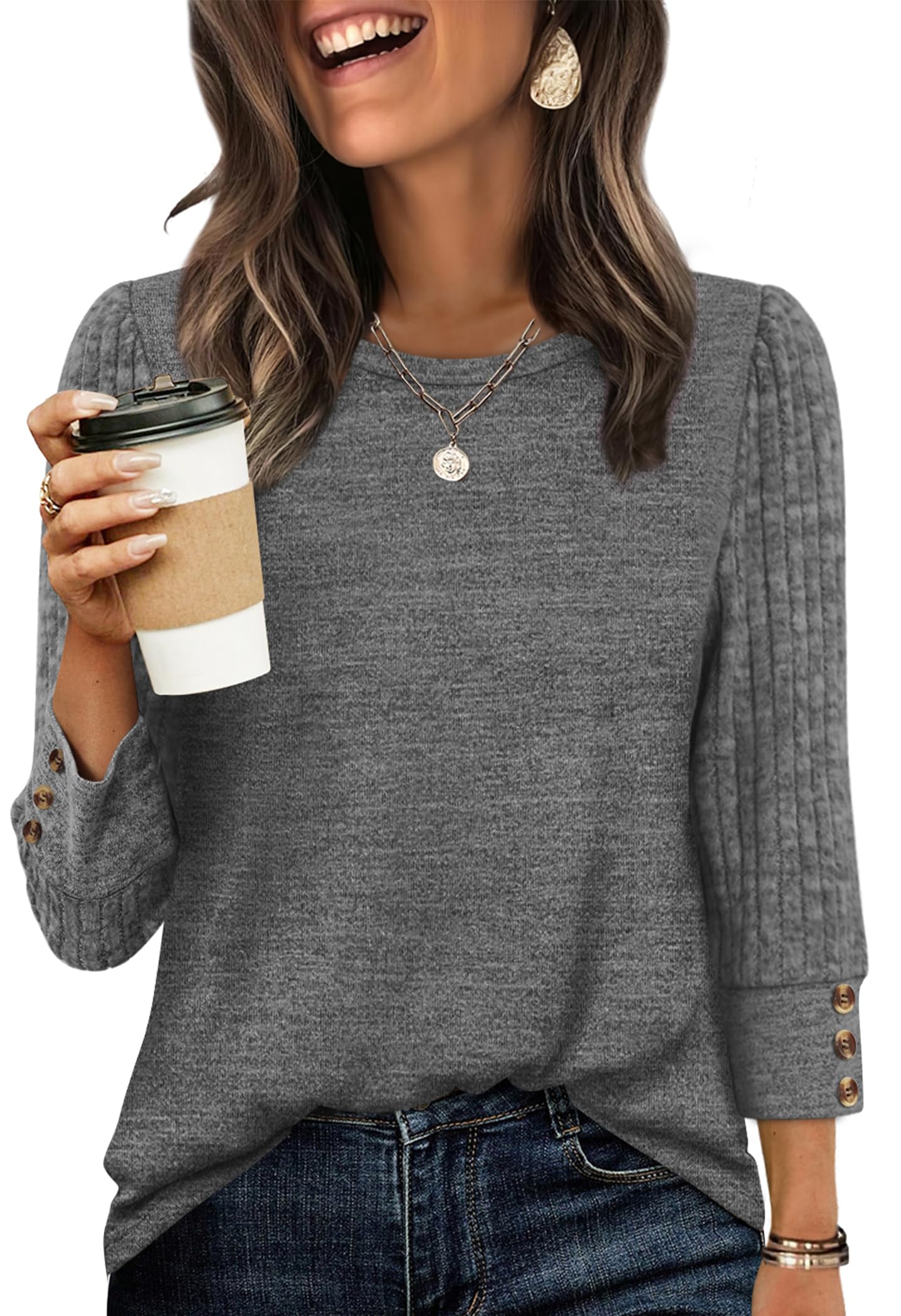 Women's Long Sleeve Shirts - Lightweight 3/4 Sleeve Sweaters with Buttons