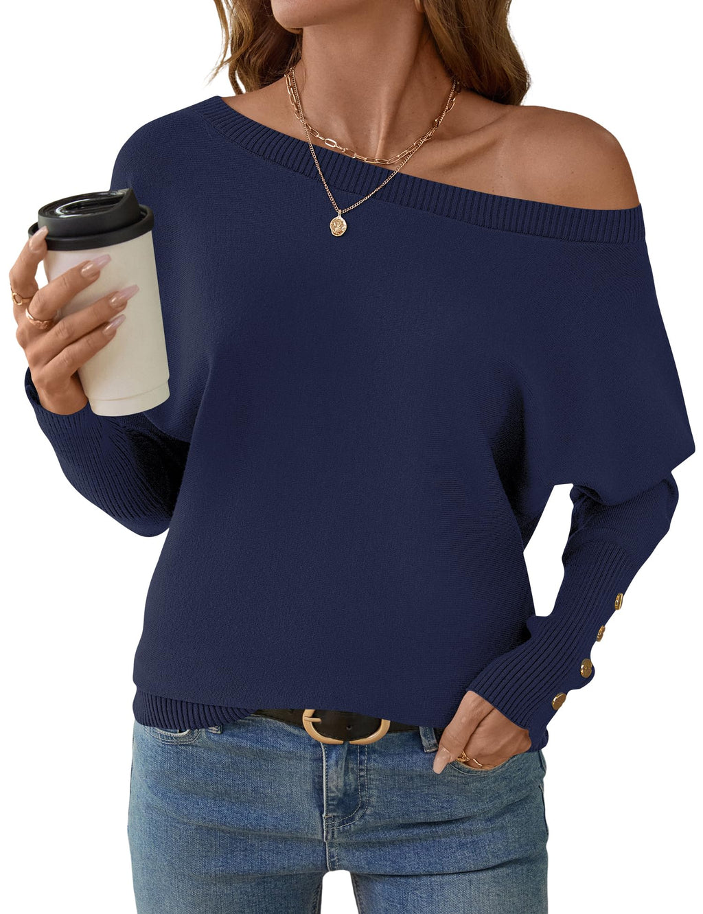 Women's Off The Shoulder Sweater - Oversized Knit Batwing Sleeve Pullover