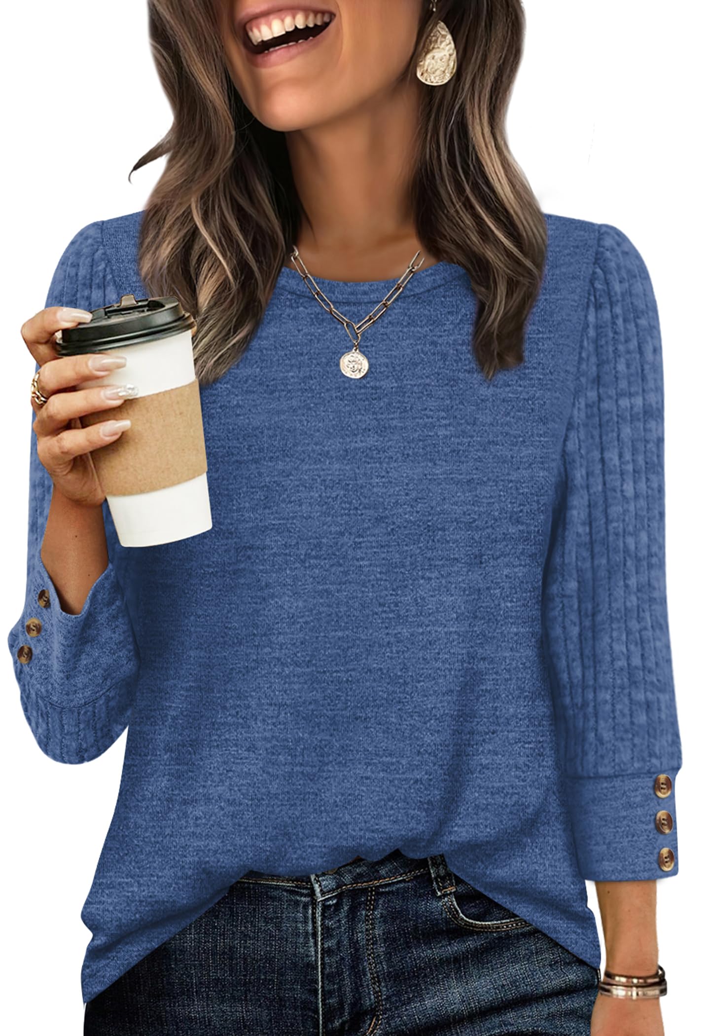 Women's Long Sleeve Shirts - Lightweight 3/4 Sleeve Sweaters with Buttons