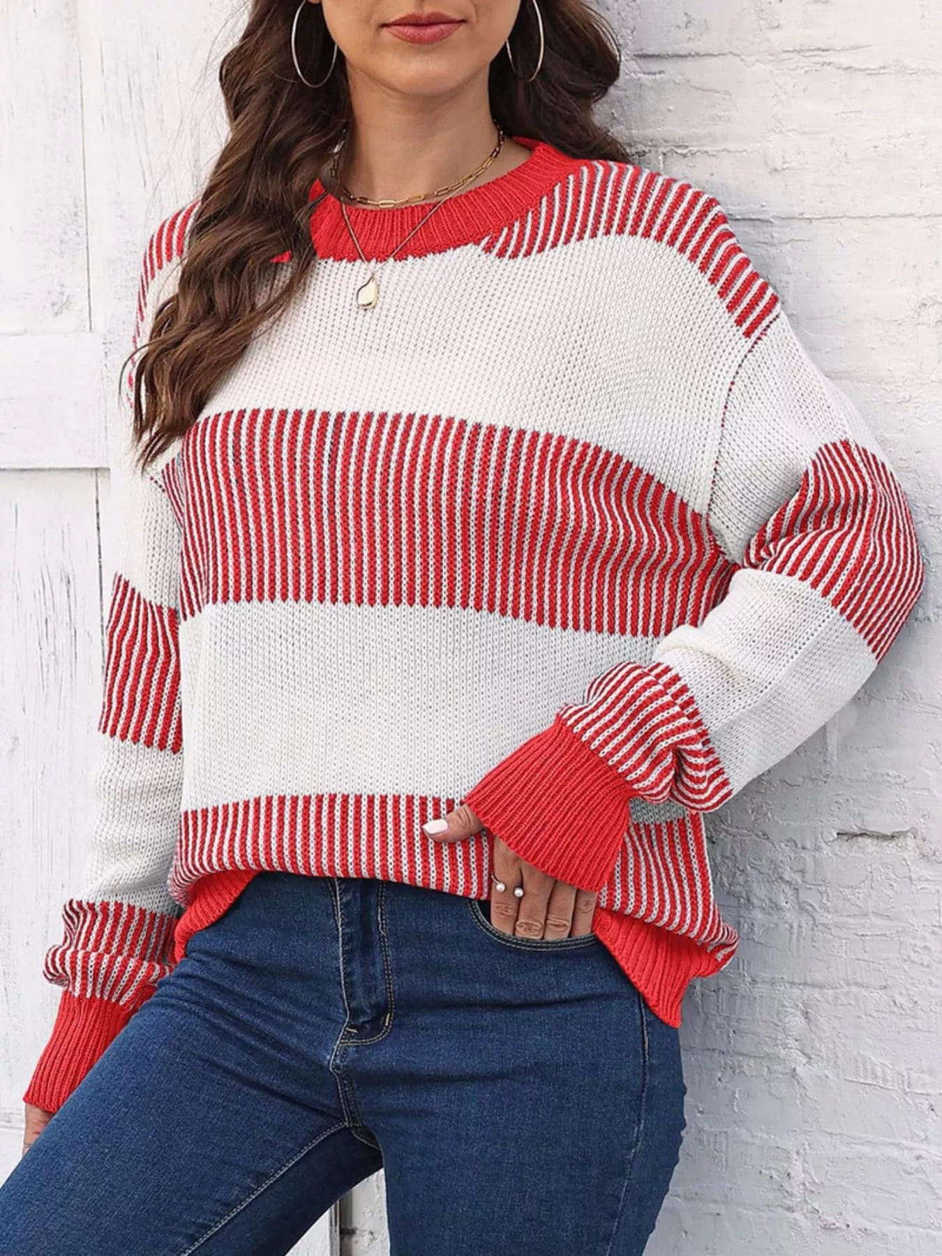 Full Size Color Block Dropped Shoulder Sweater Plus Size