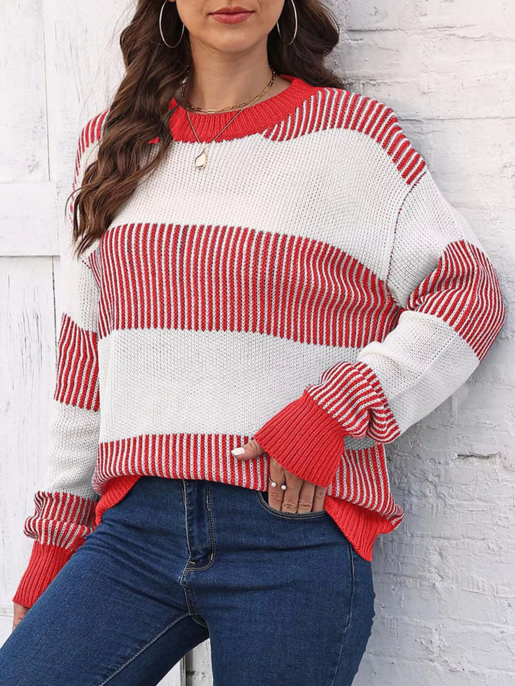 Full Size Color Block Dropped Shoulder Sweater Plus Size