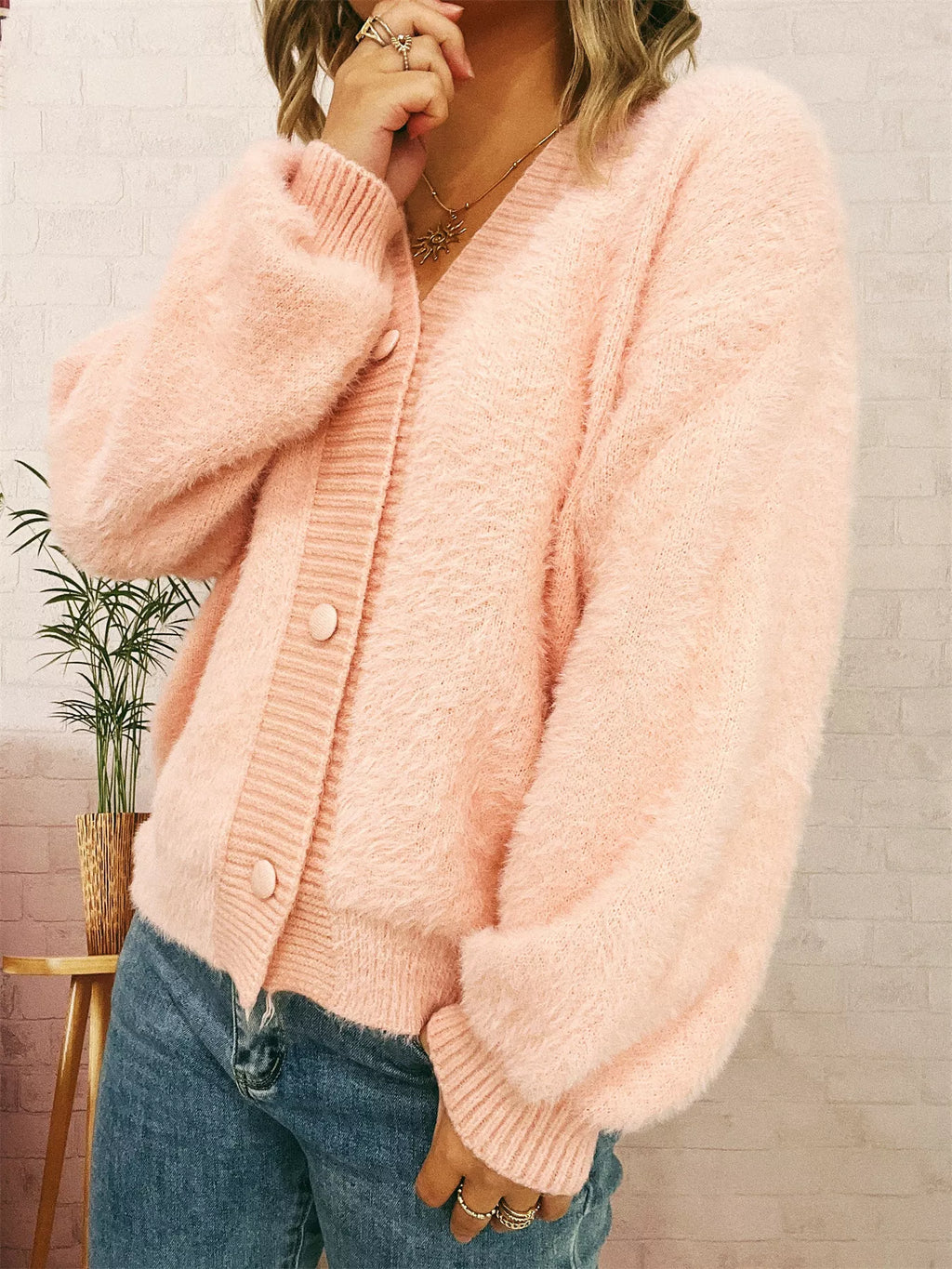 Fuzzy Button-Up Long Sleeve Cardigan