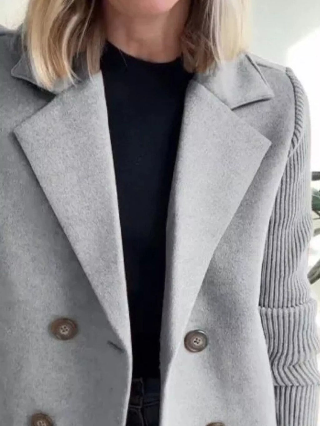Full Size Knitted Sleeve Wool Blend Double-Breasted Blazer Plus Size