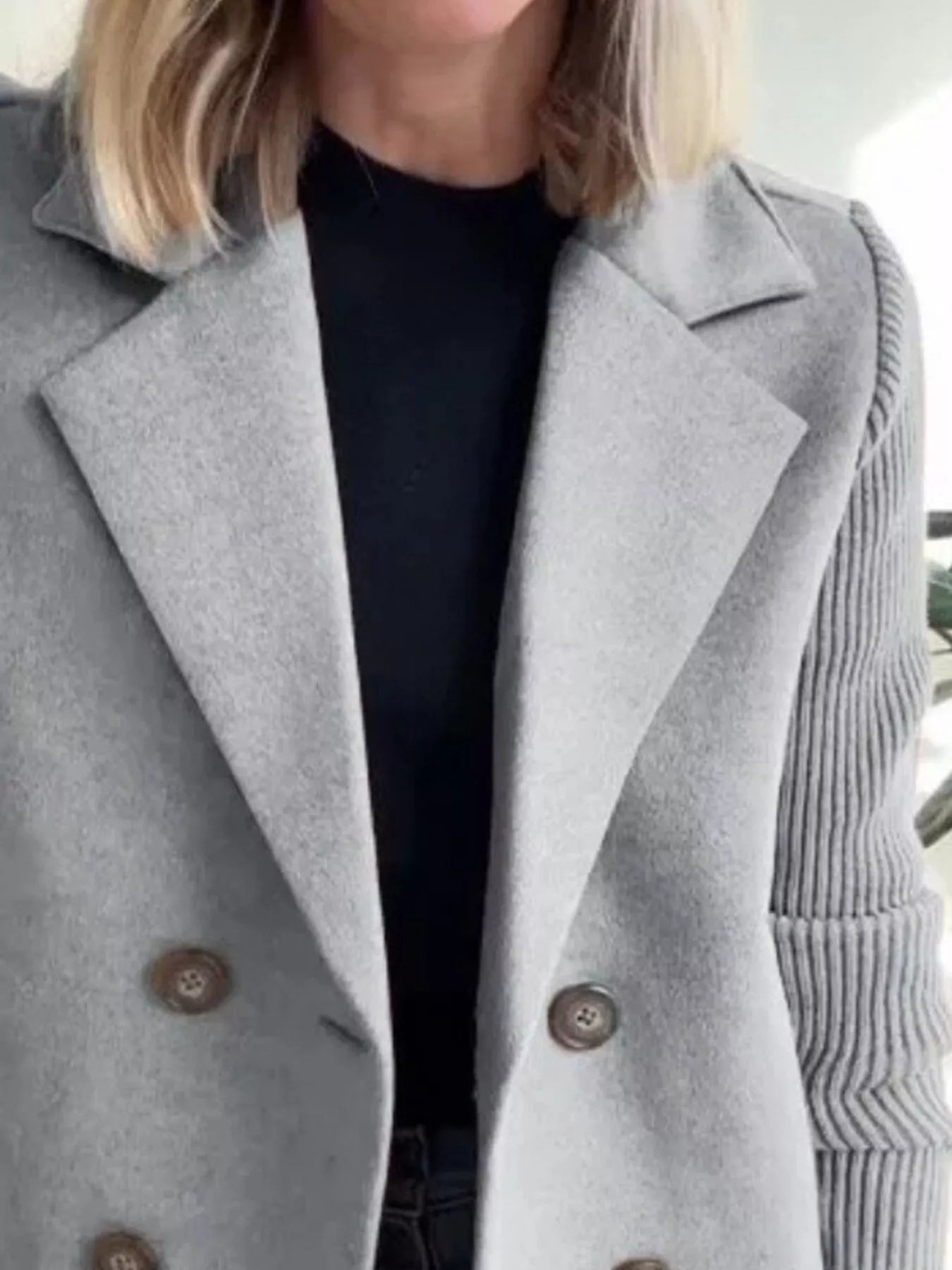 Full Size Knitted Sleeve Wool Blend Double-Breasted Blazer Plus Size
