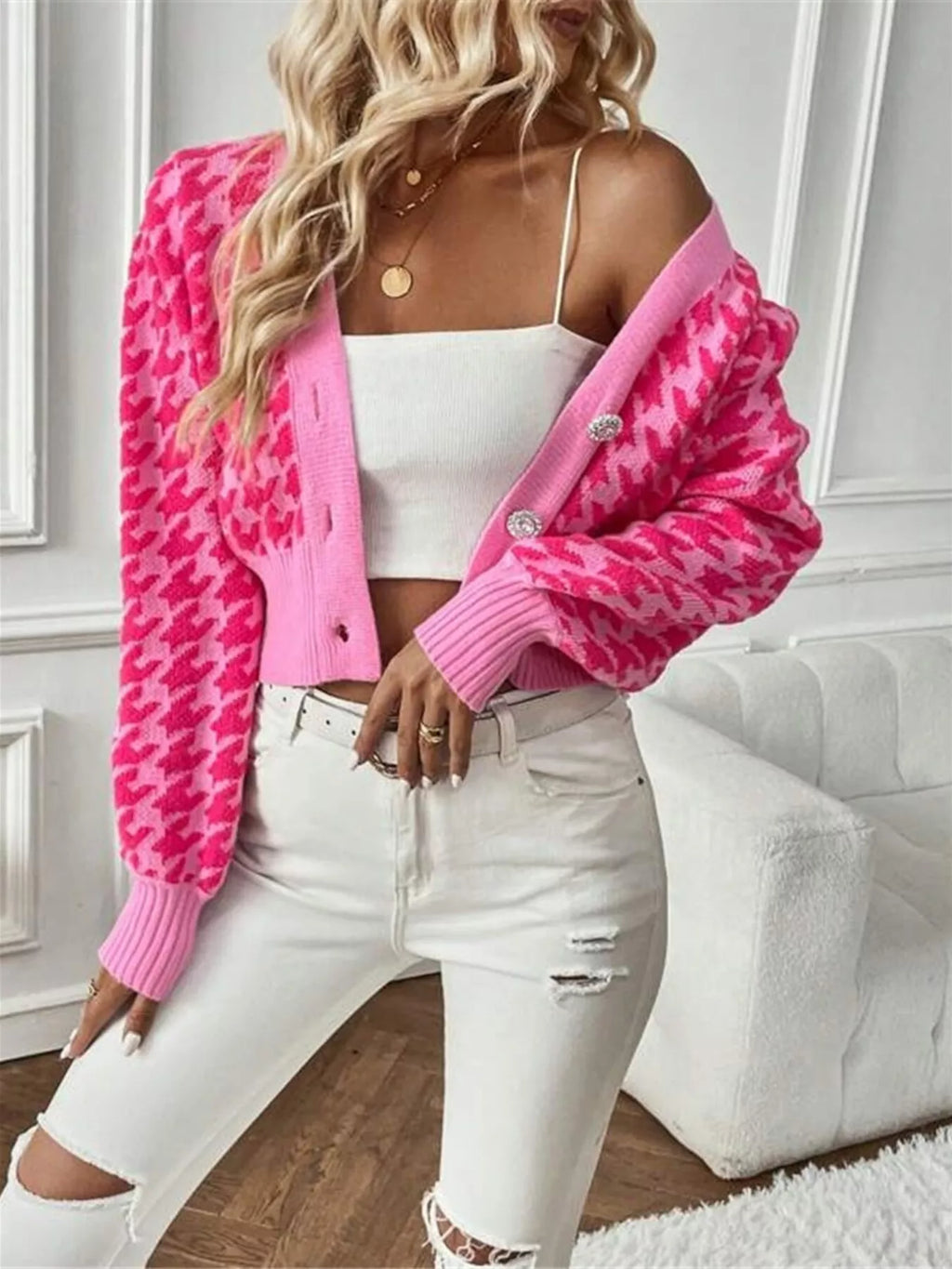 Houndstooth V-Neck Button Up Cardigan