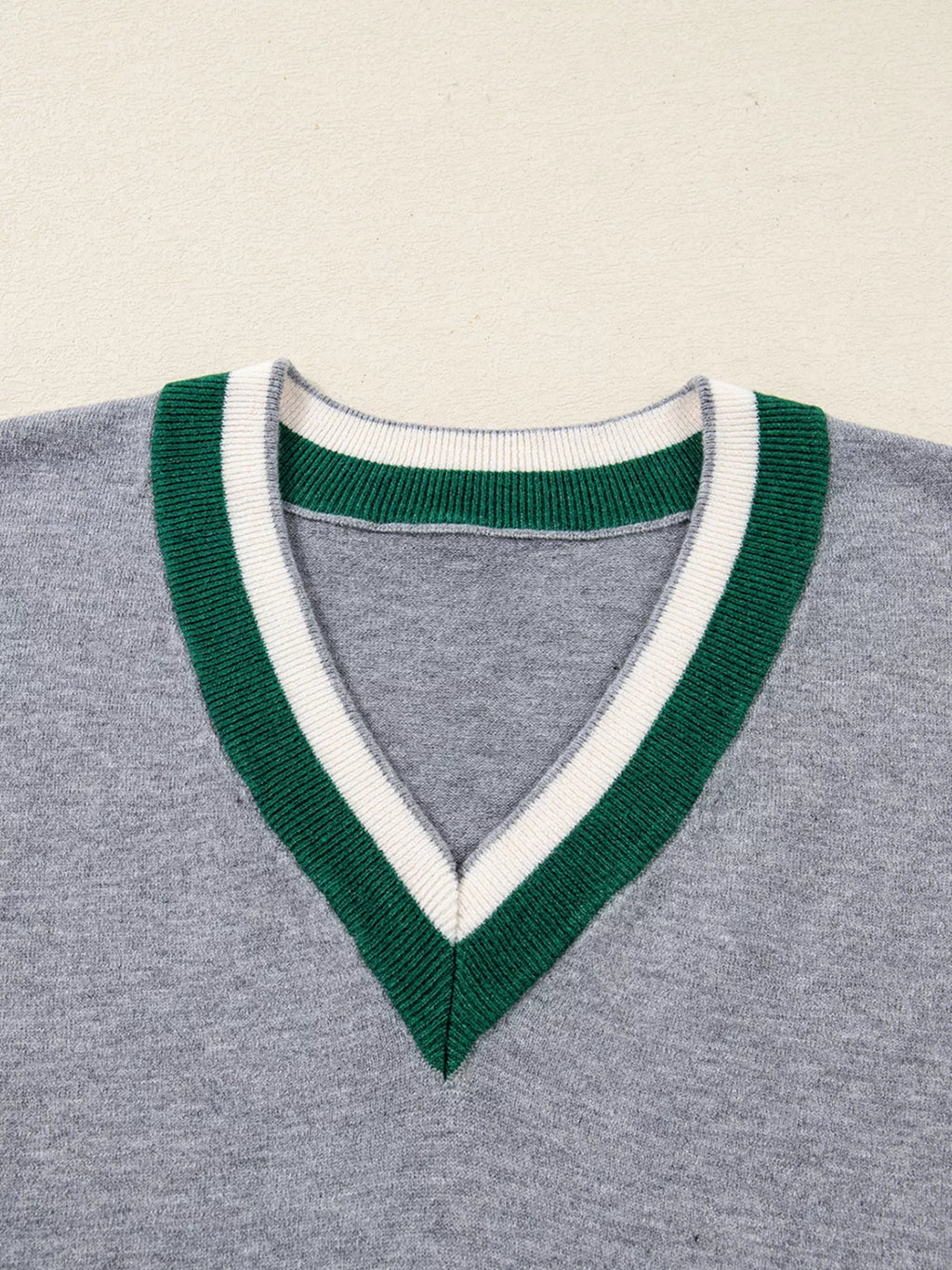 Contrast Striped Trim V Neck Varsity Sweater