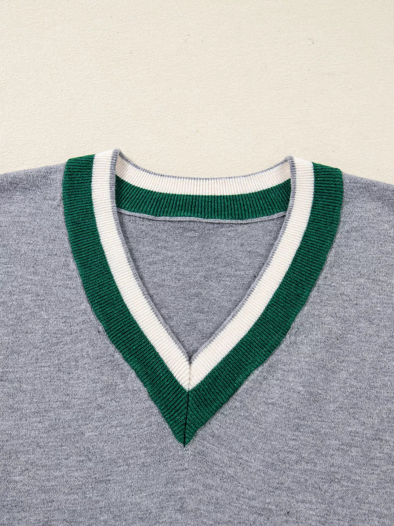Contrast Striped Trim V Neck Varsity Sweater