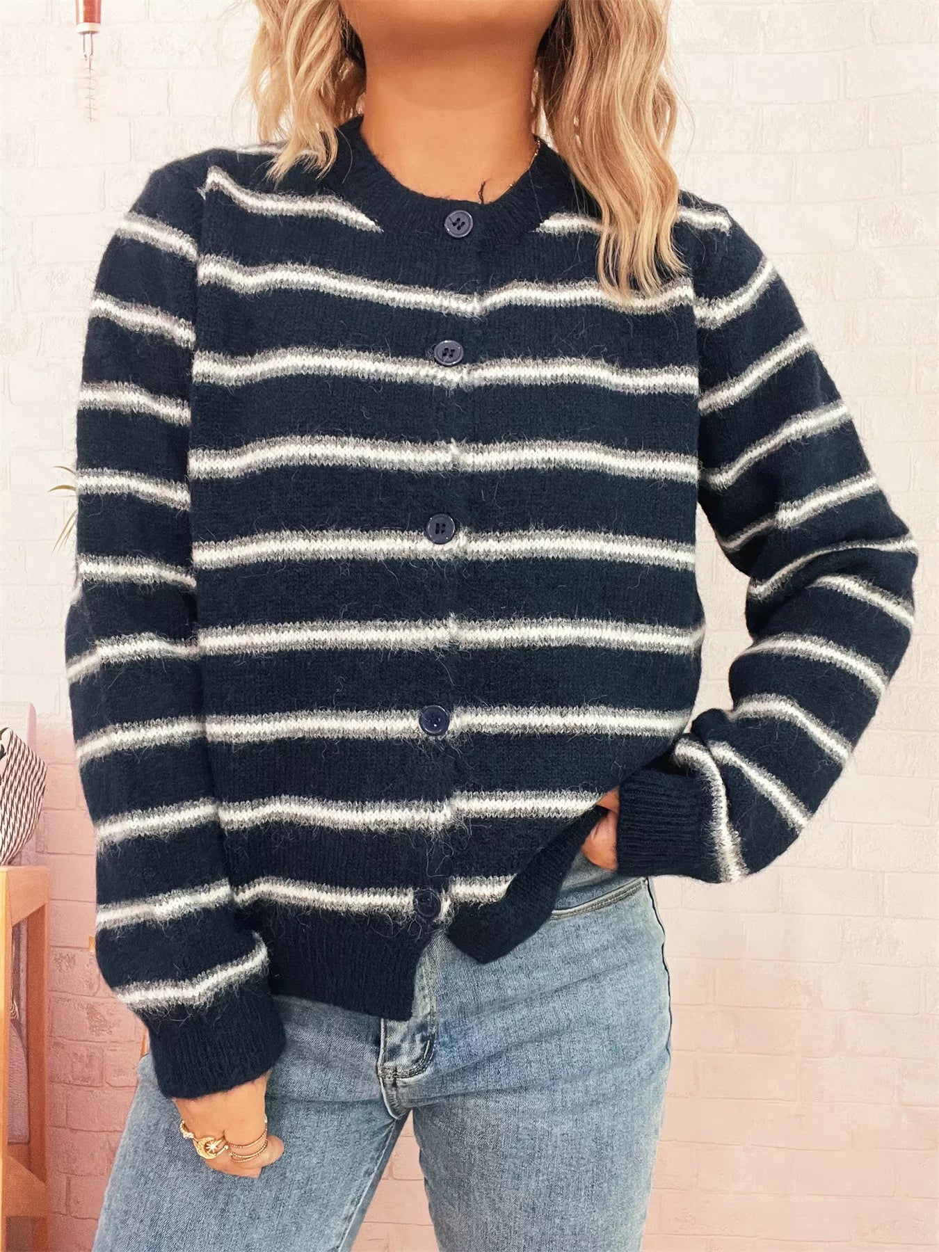 Striped Button-Up Long Sleeve Cardigan