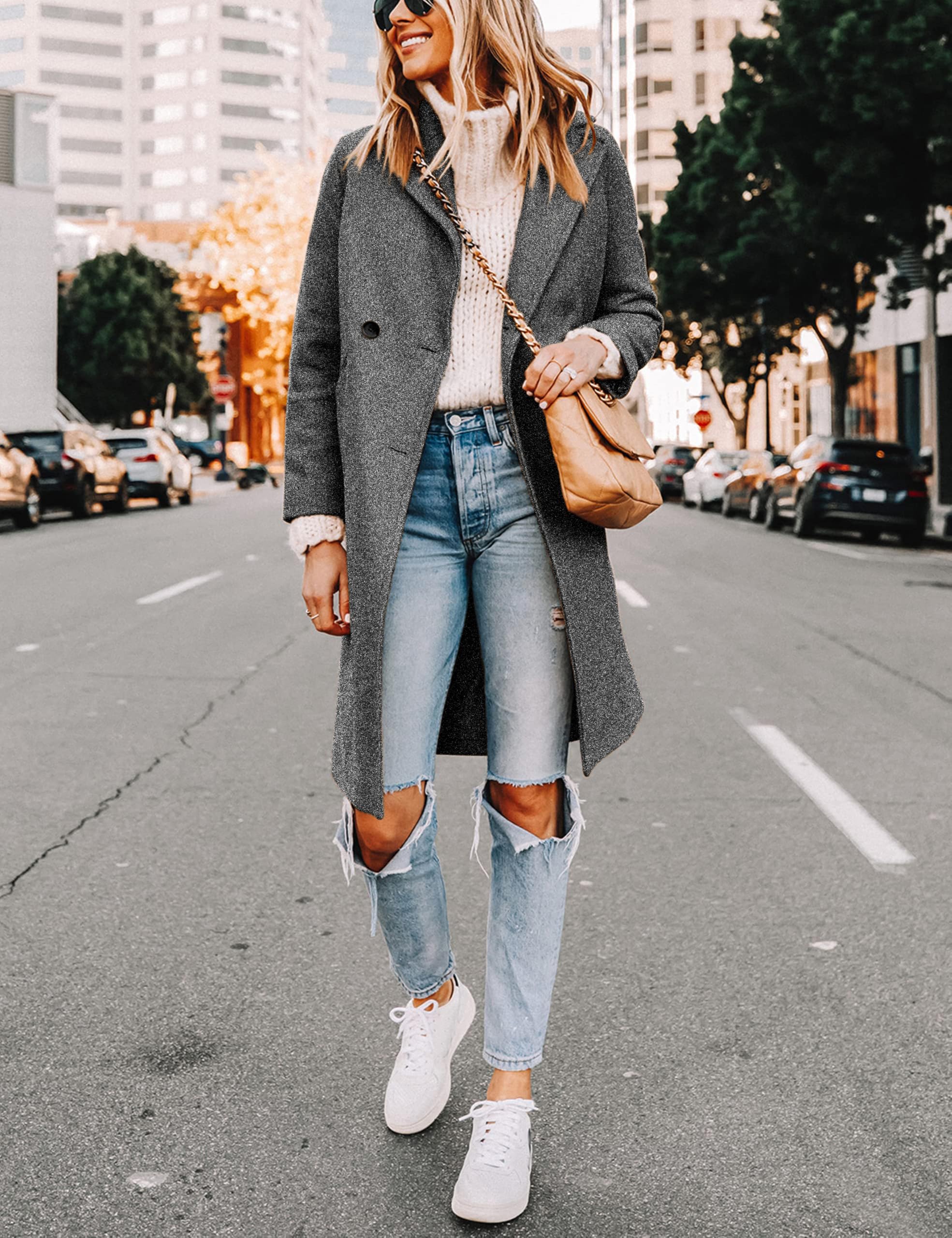 Wool Blend Pea Coat - Double Breasted Mid Length Trench Coat for Women