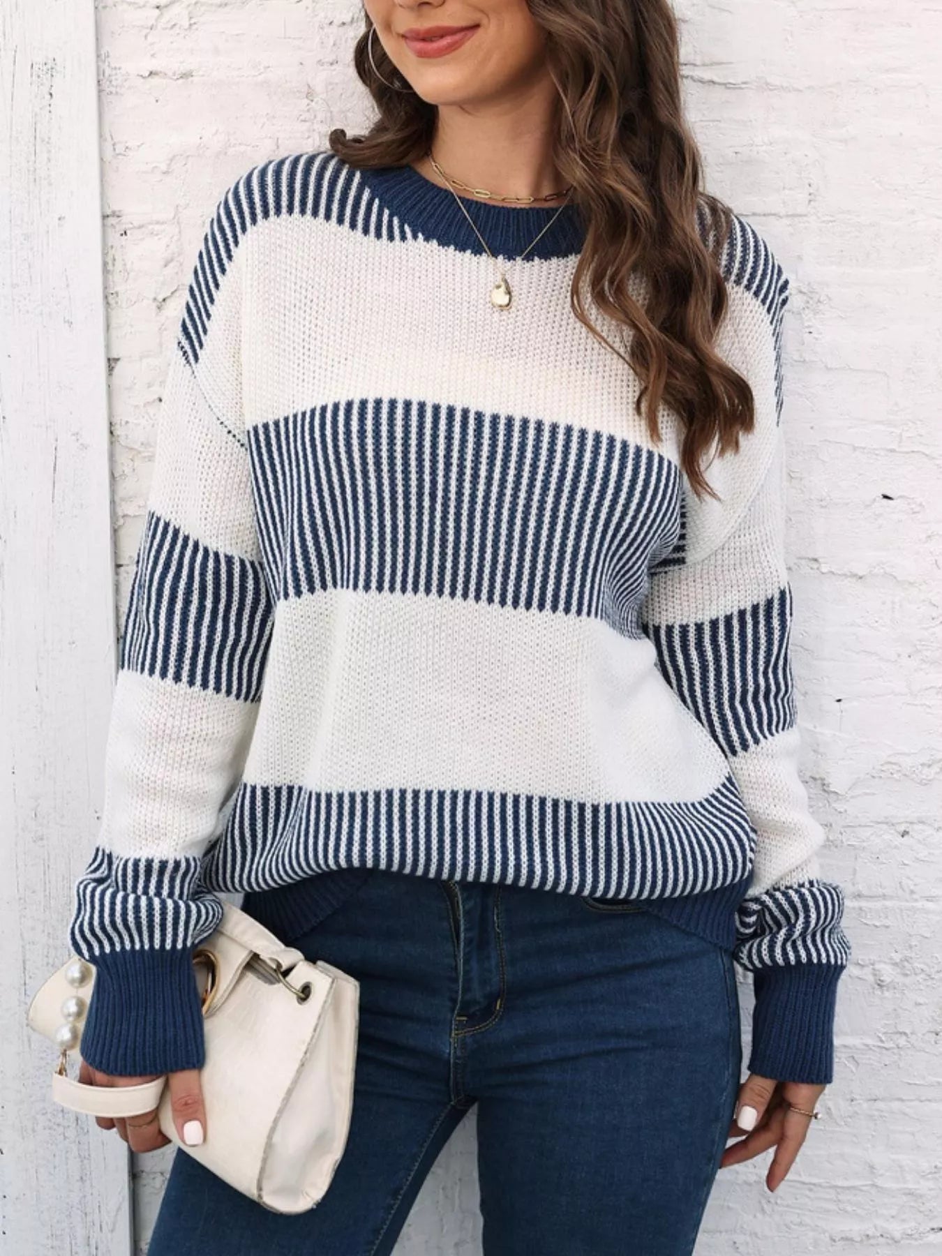 Full Size Color Block Dropped Shoulder Sweater Plus Size