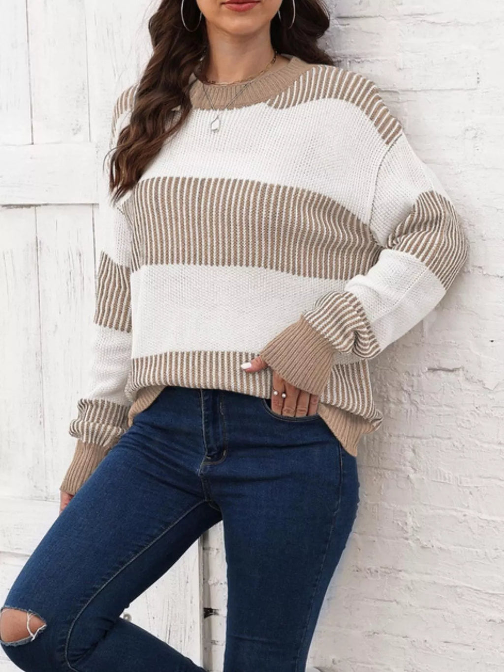 Full Size Color Block Dropped Shoulder Sweater Plus Size