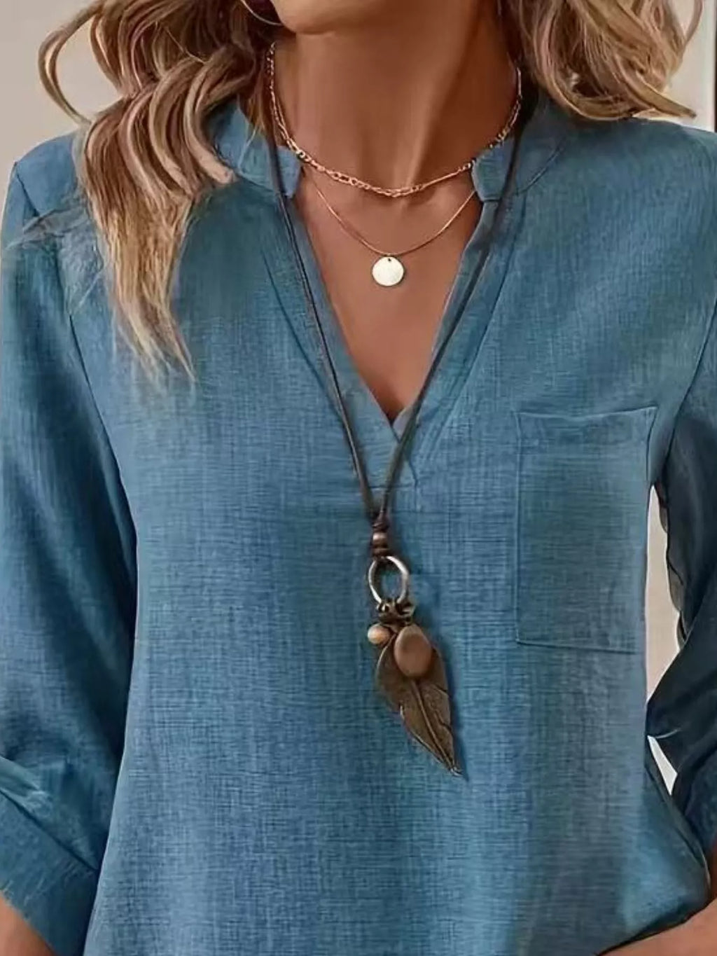 Roll-Up Sleeve Notched Blouse
