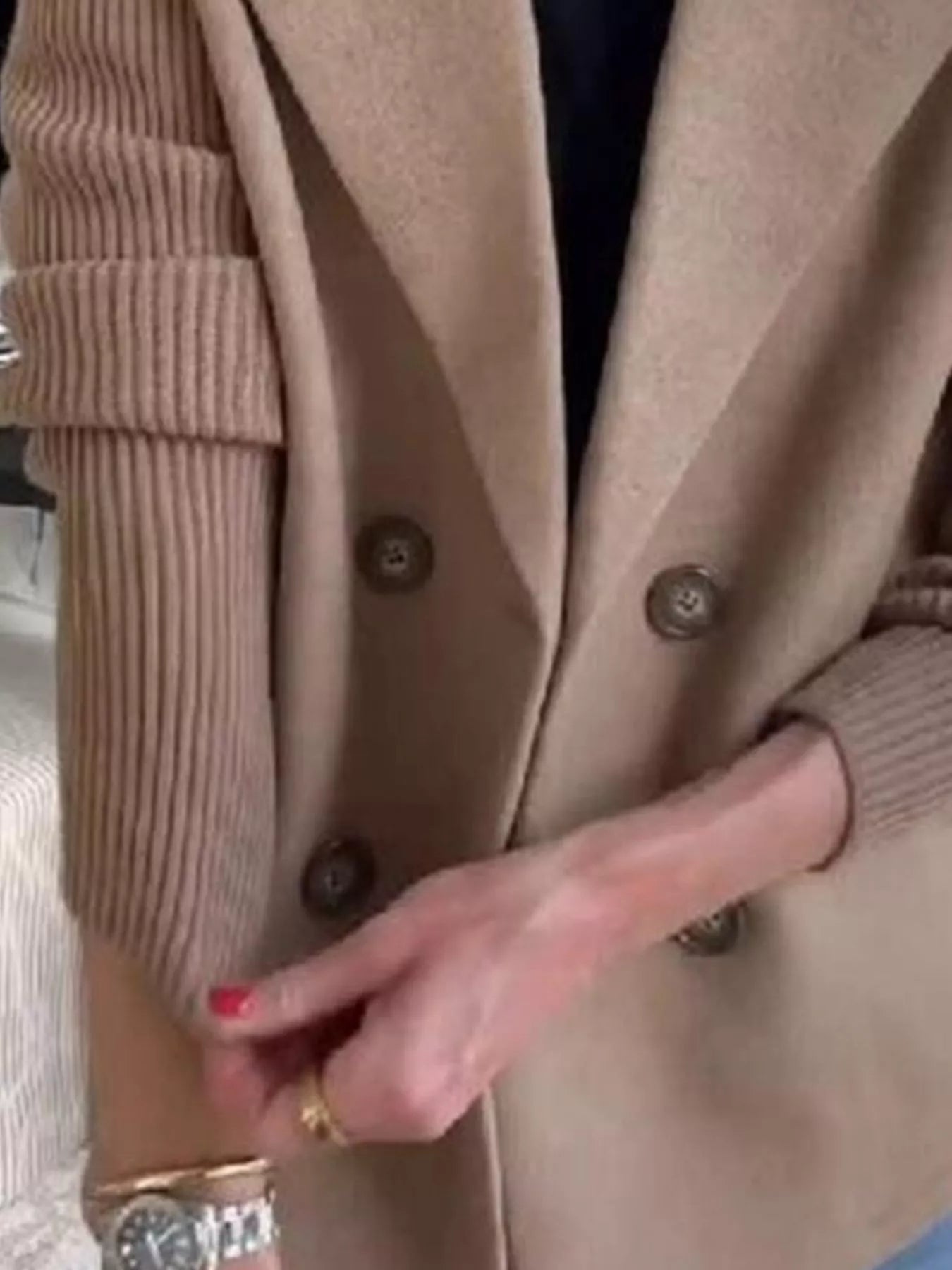 Full Size Knitted Sleeve Wool Blend Double-Breasted Blazer Plus Size