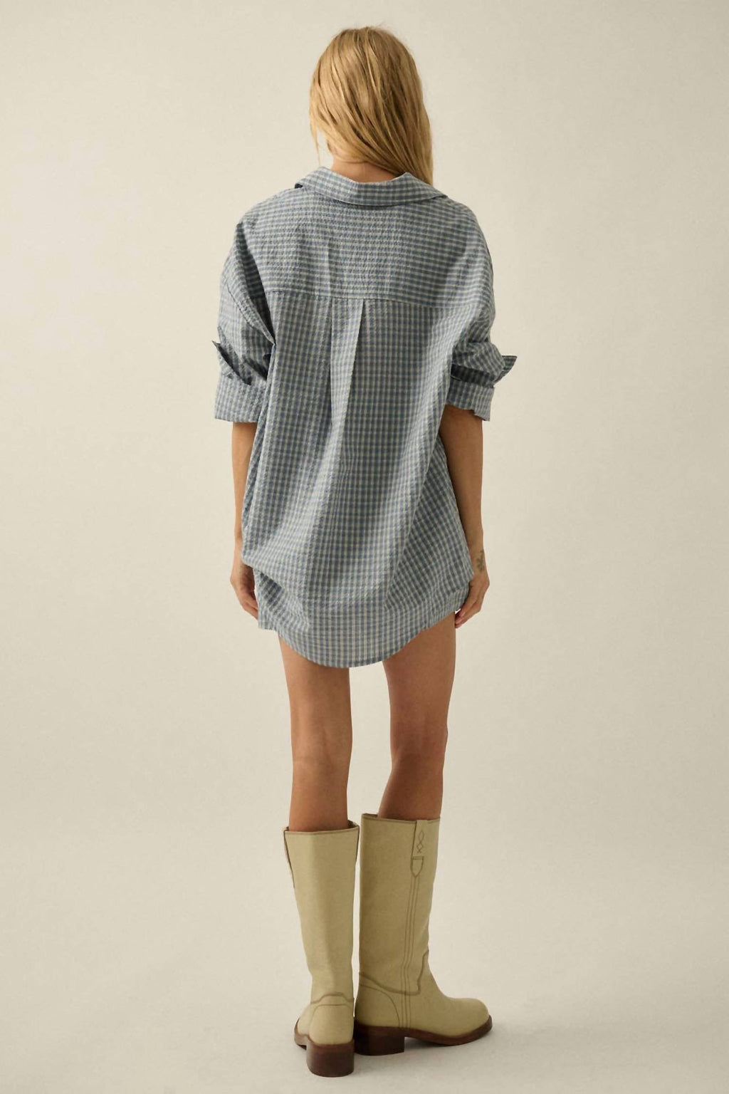 Promesa - Plaid Textured Seersucker Oversize Button-up Pocket Shirt