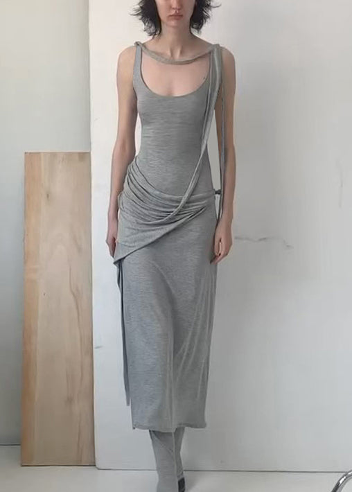 Solid Grey Cotton Art Dress Strap Spaghetti Wrinkled Sleeveless
