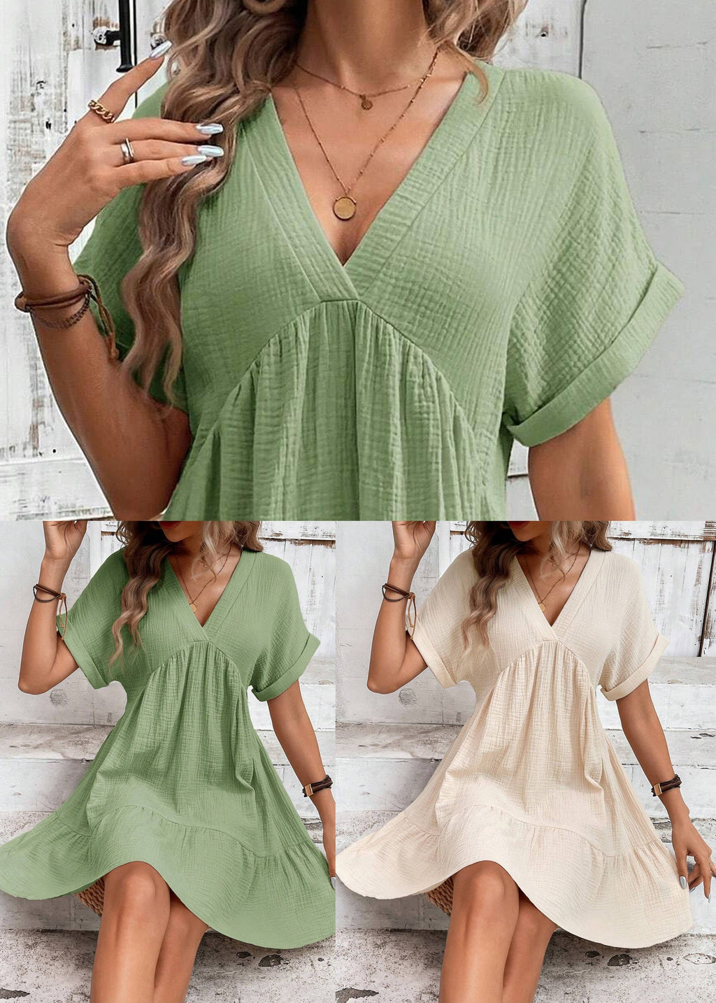Cotton Neck Vacation Patchwork Beige Summer Dress V