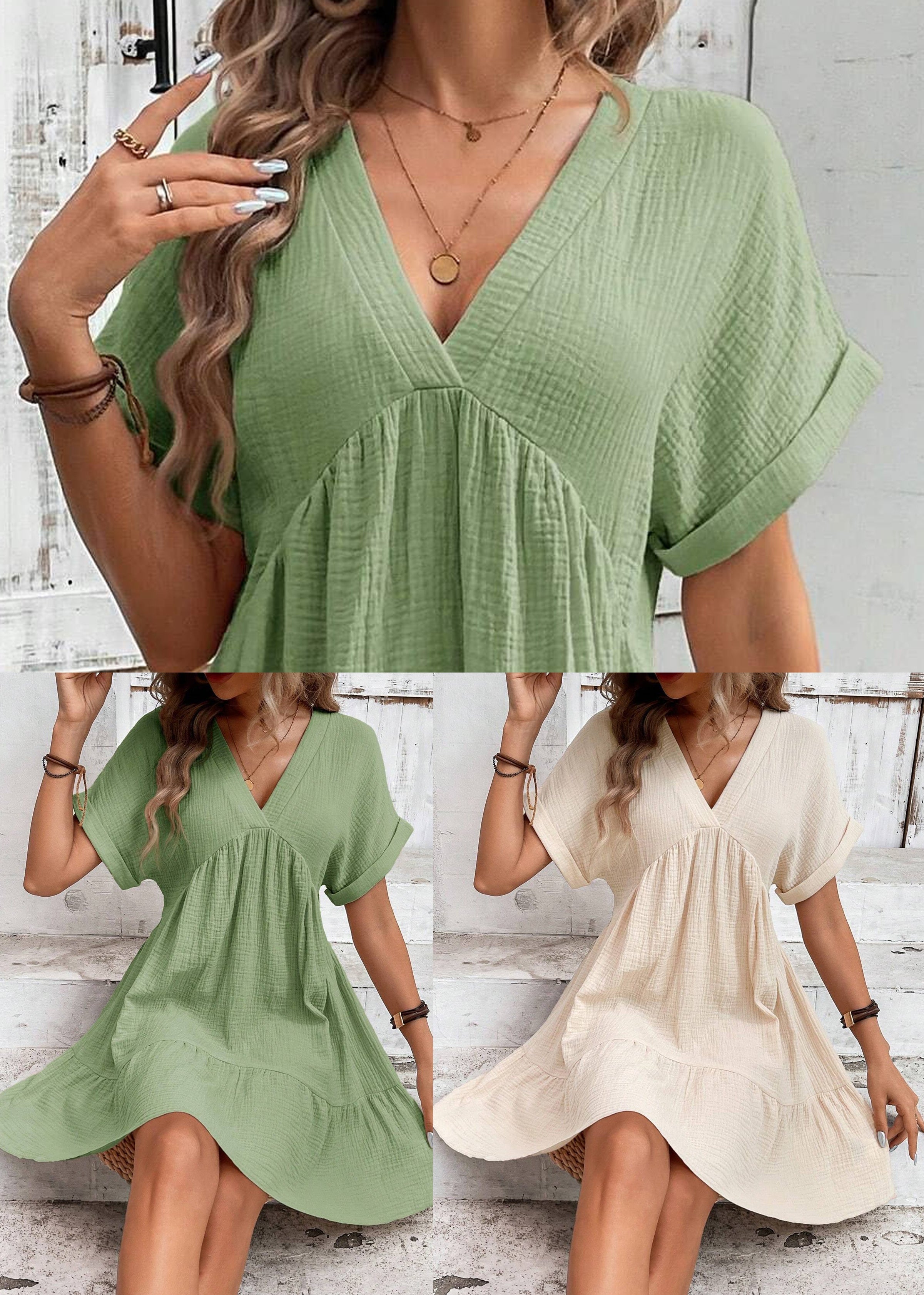 Cotton Neck Vacation Patchwork Beige Summer Dress V