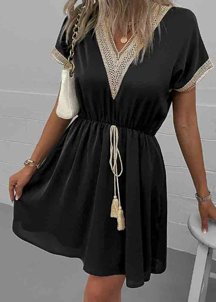 Dress Patchwork V Lace Waist Summer Tie Black Neck