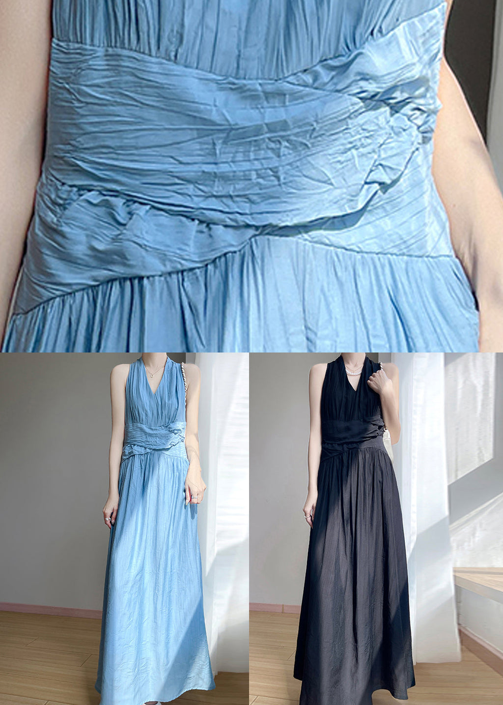 Summer Dresses Black V Neck Maxi Cotton Wrinkled Solid