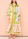 Tie Button DIY Maxi Green Dress Lantern Collar Peter Pan Waist