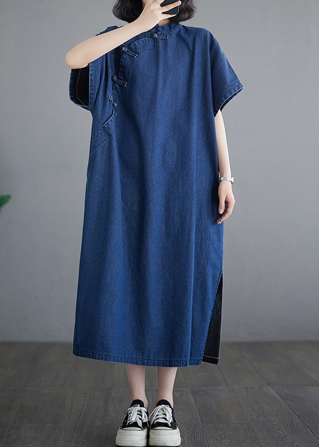 Button Dress Patchwork Denim Blue Long Summer Side Dark Open