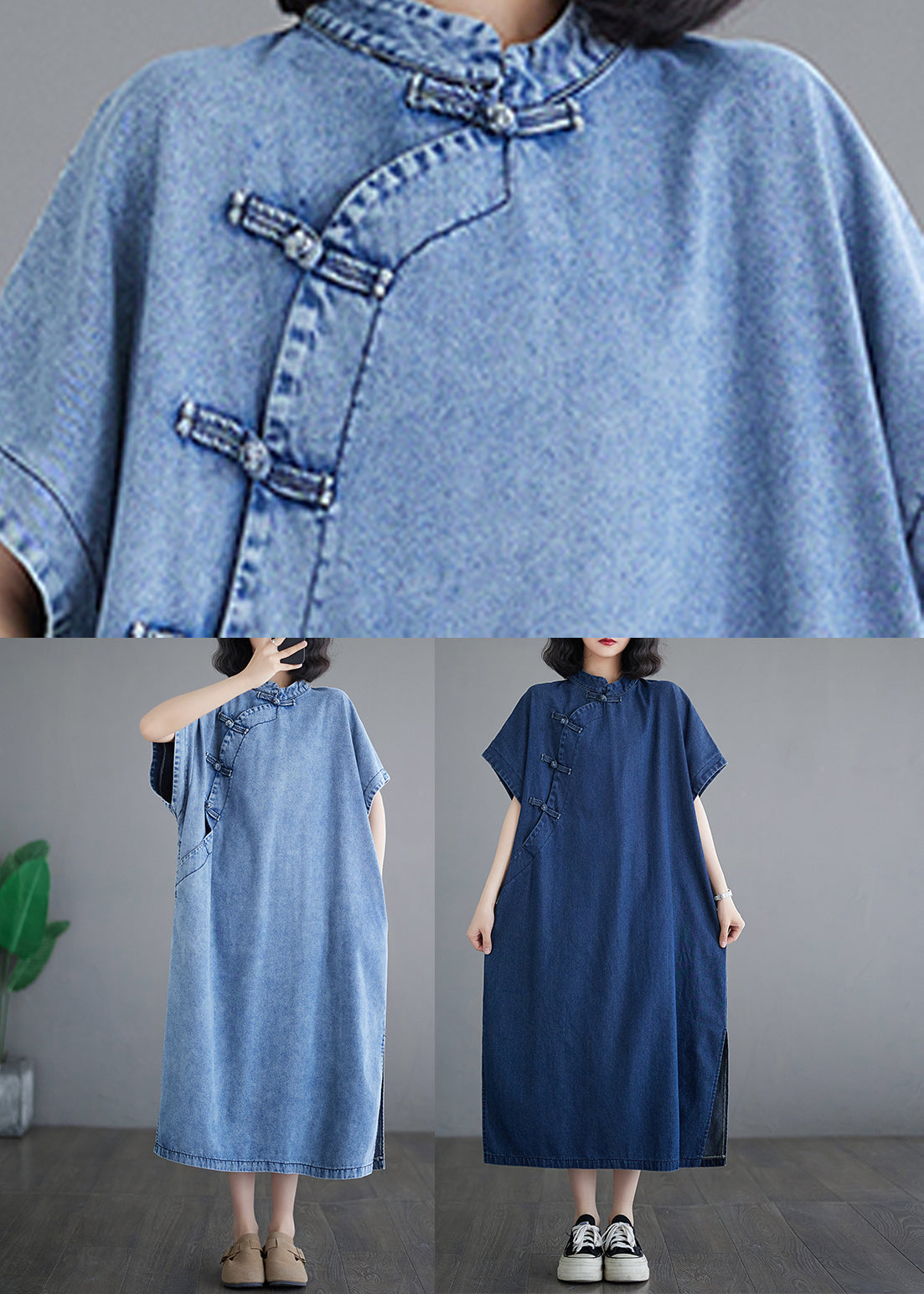 Button Dress Patchwork Denim Blue Long Summer Side Dark Open