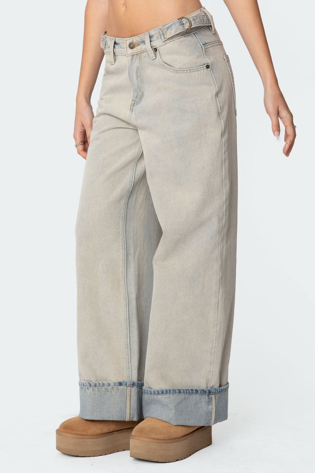Double Belt Washed Low Rise Baggy Jeans