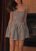 Mini Zippered Dresses Black Plaid French Sleeveless Cotton