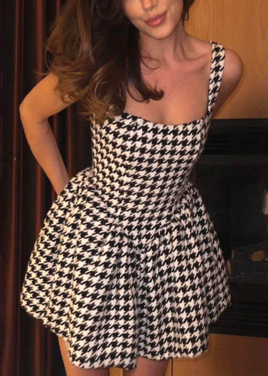 Mini Zippered Dresses Black Plaid French Sleeveless Cotton