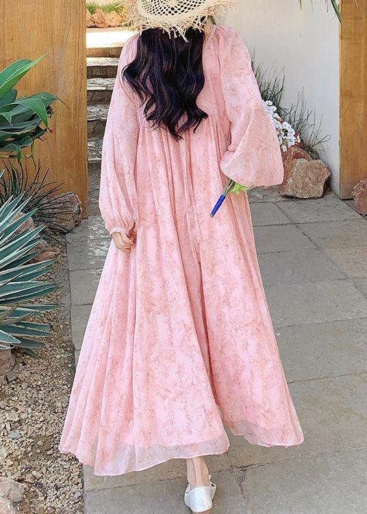 Long Up Summer French Dresses Neck O Wrinkled Lace Chiffon Pink